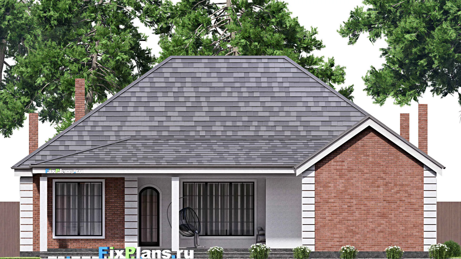 F-16766 - Проект одноэтажного дома 18 на 26, площадью 300 м² с террасой, гаражом на 2 машины и 3 спальнями