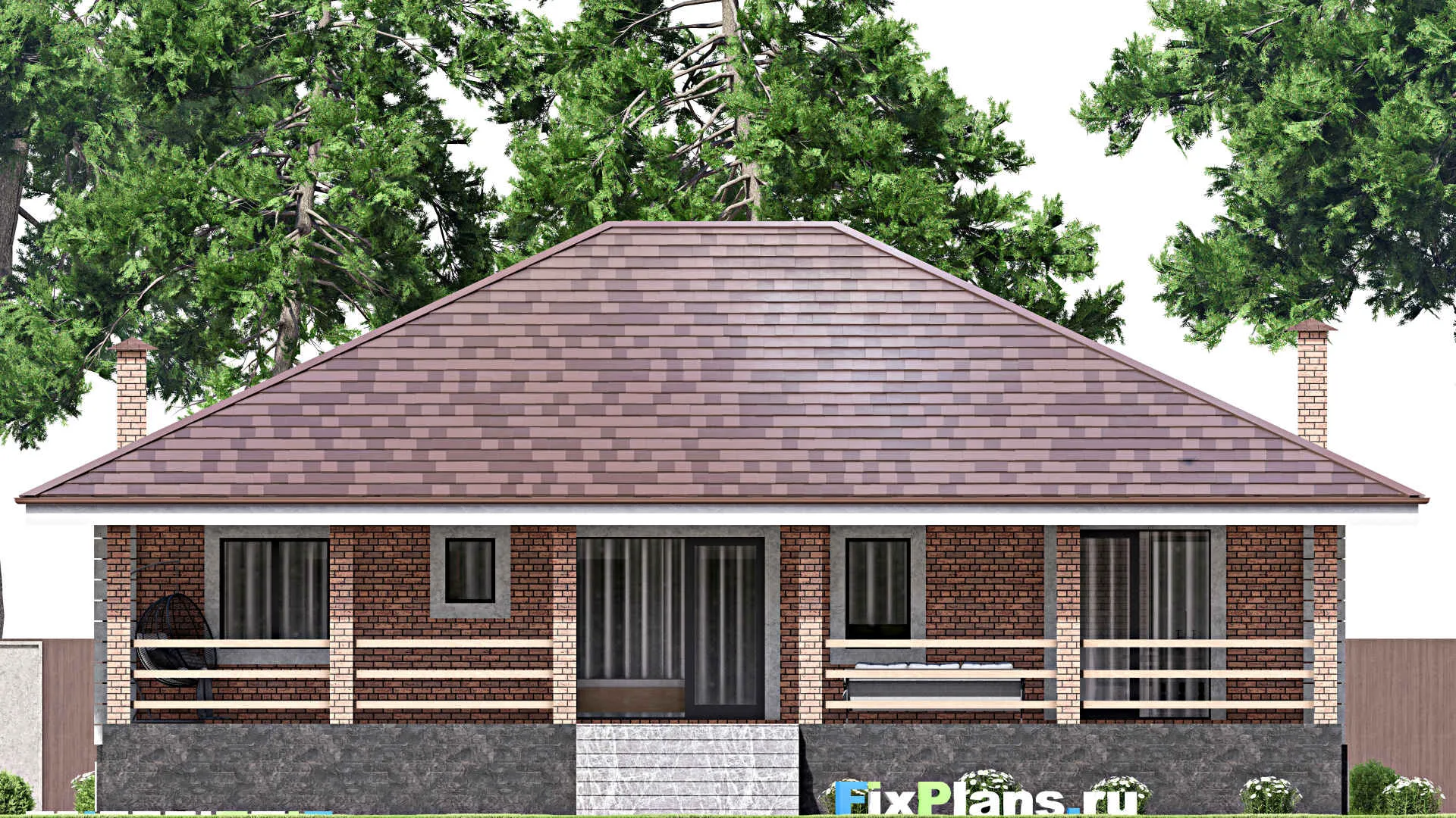 F-13868 - План одноэтажного дома 15 на 17, площадью 290 м² с террасой, цокольным этажом и 3 спальнями