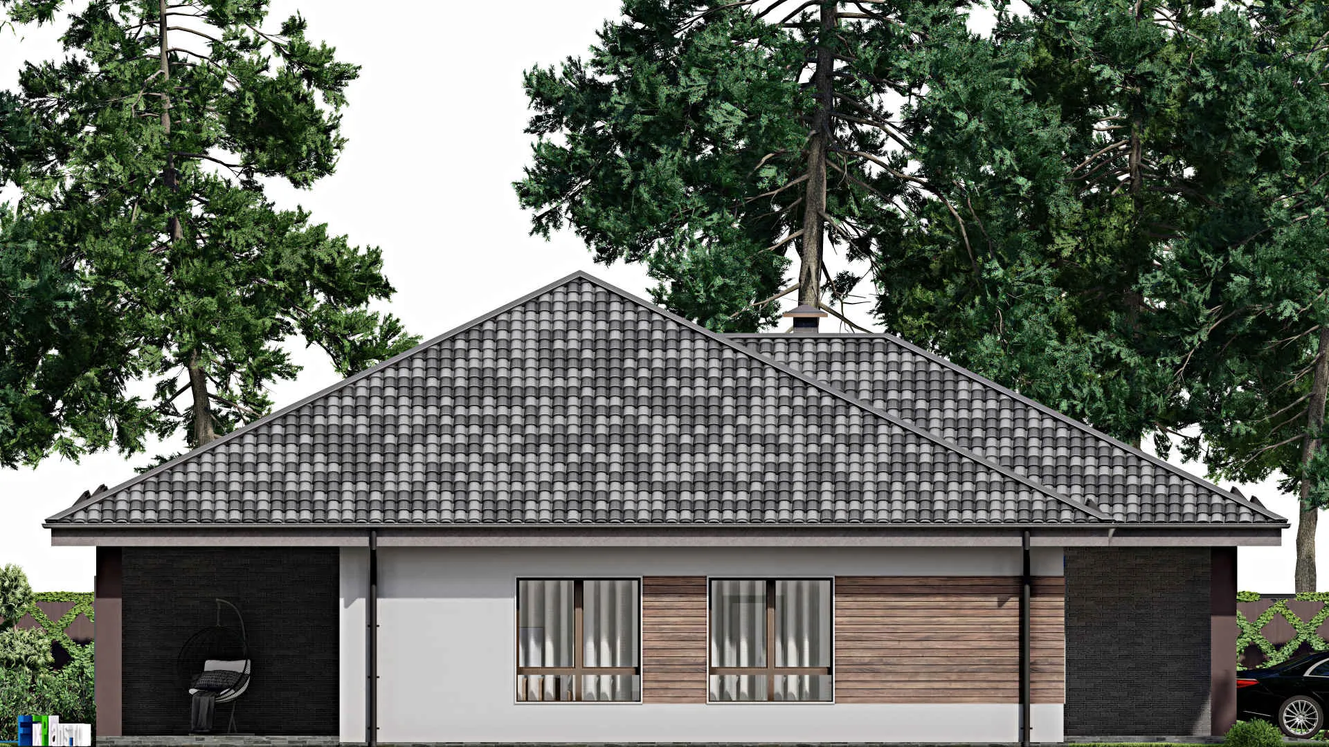 F-6344 - План одноэтажного дома 16 на 18, площадью 210 м² с террасой, гаражом на 2 машины и 3 спальнями