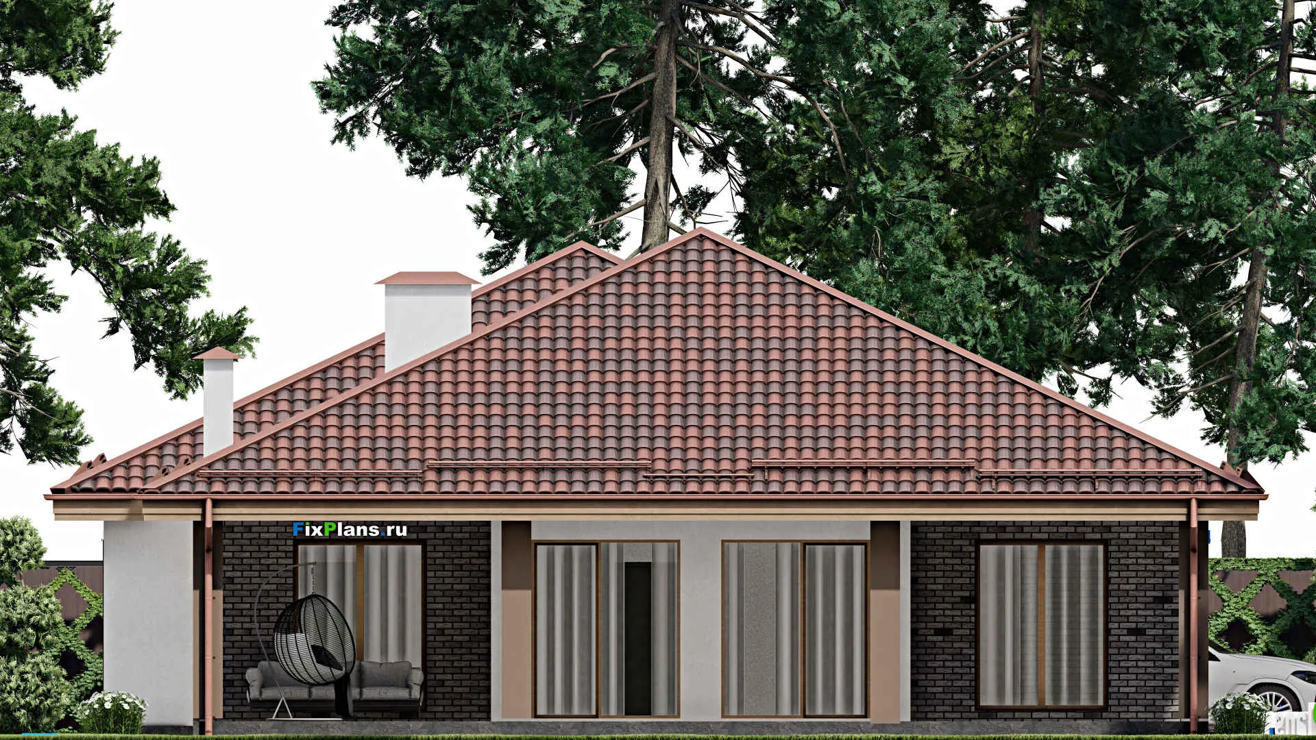 F-8441 - План одноэтажного дома 15 на 26, площадью 300 м² с террасой и 4 спальнями