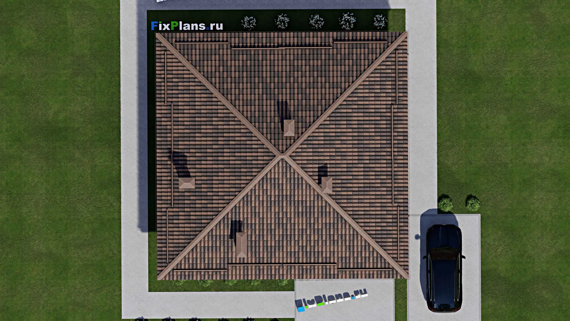 F-9908 - План одноэтажного дома 13 на 13, площадью 130 м² с 3 спальнями