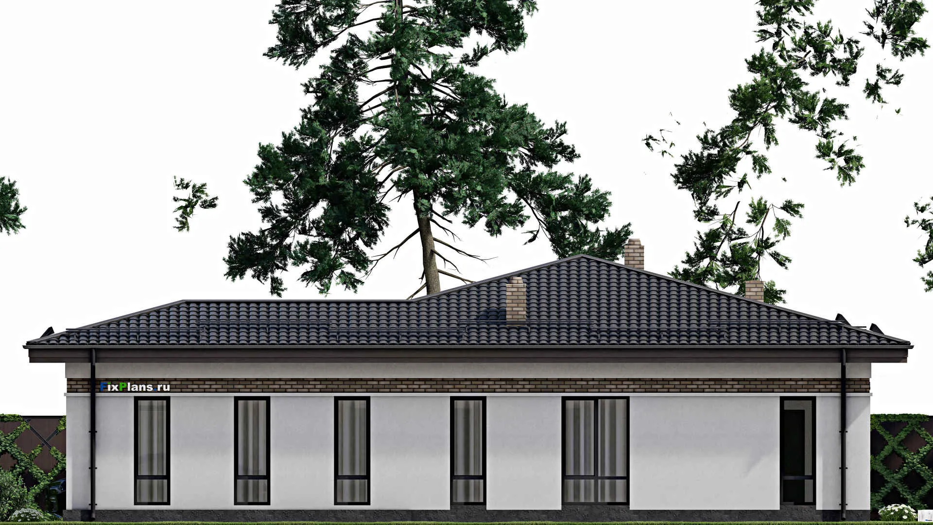 F-2168 - План одноэтажного дома 16 на 18, площадью 180 м² с террасой, баней, гаражом на 1 машину и 2 спальнями