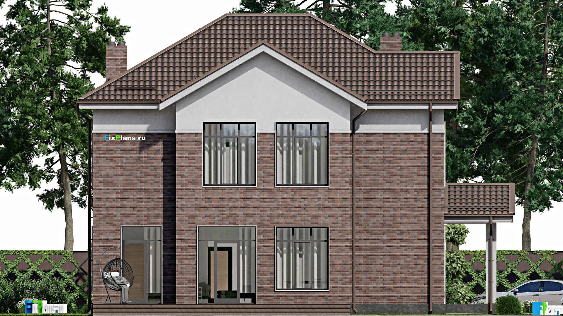 F-2537 - Проект двухэтажного дома 14 на 15, площадью 300 м² с террасой, гаражом на 1 машину и 5 спальнями