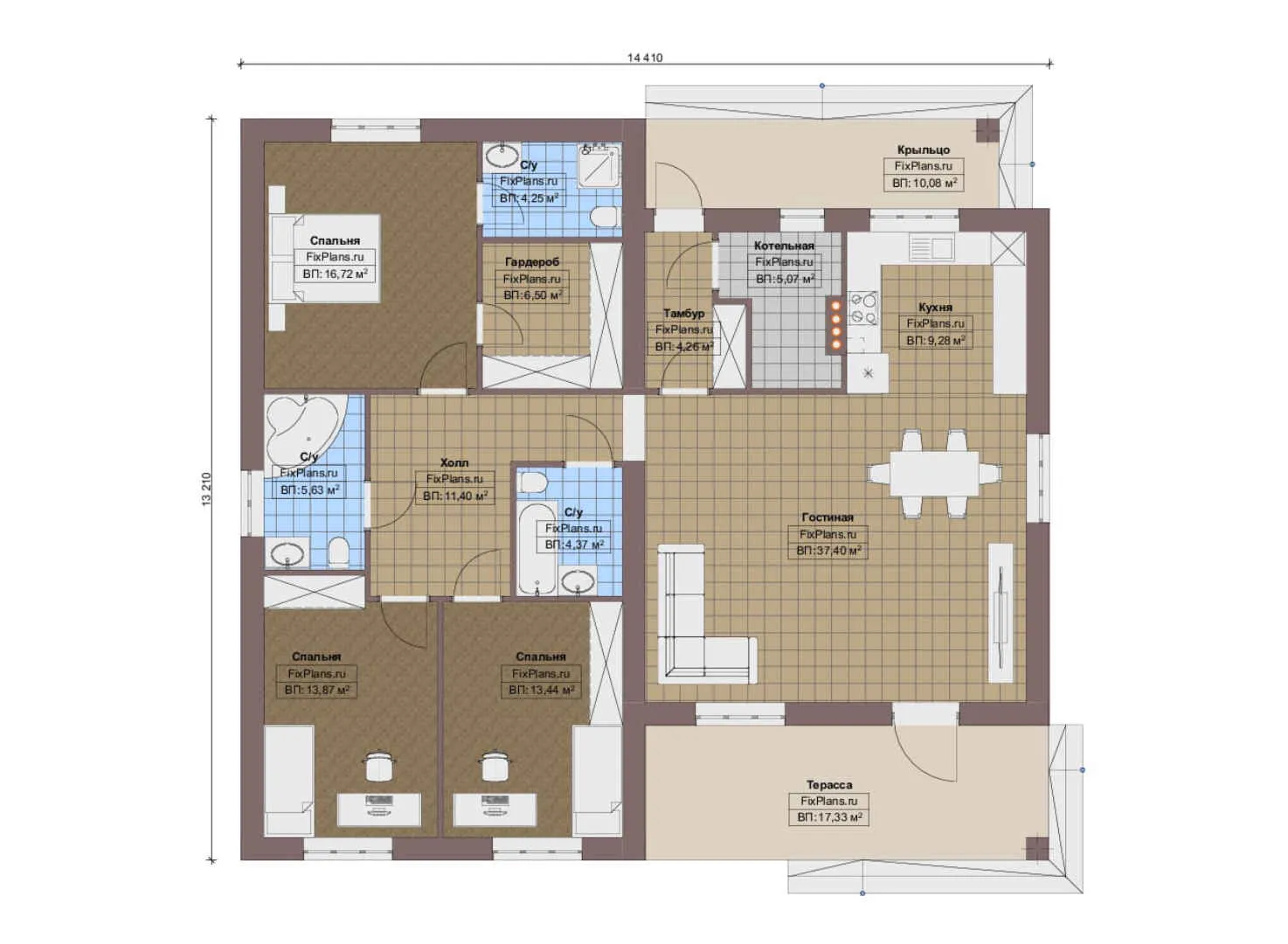 F-14417 - План одноэтажного дома 14 на 15, площадью 160 м² с террасой и 3 спальнями