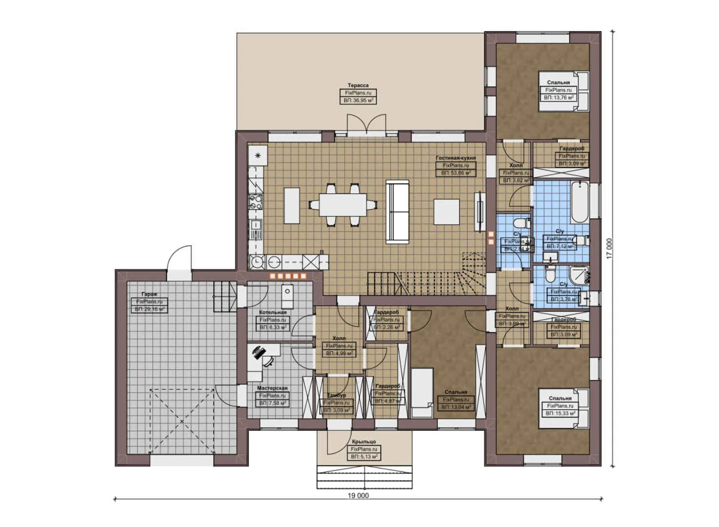 F-6668 - Планы дома с мансардой 17 на 19, площадью 310 м² с террасой, гаражом на 1 машину и 3 спальнями