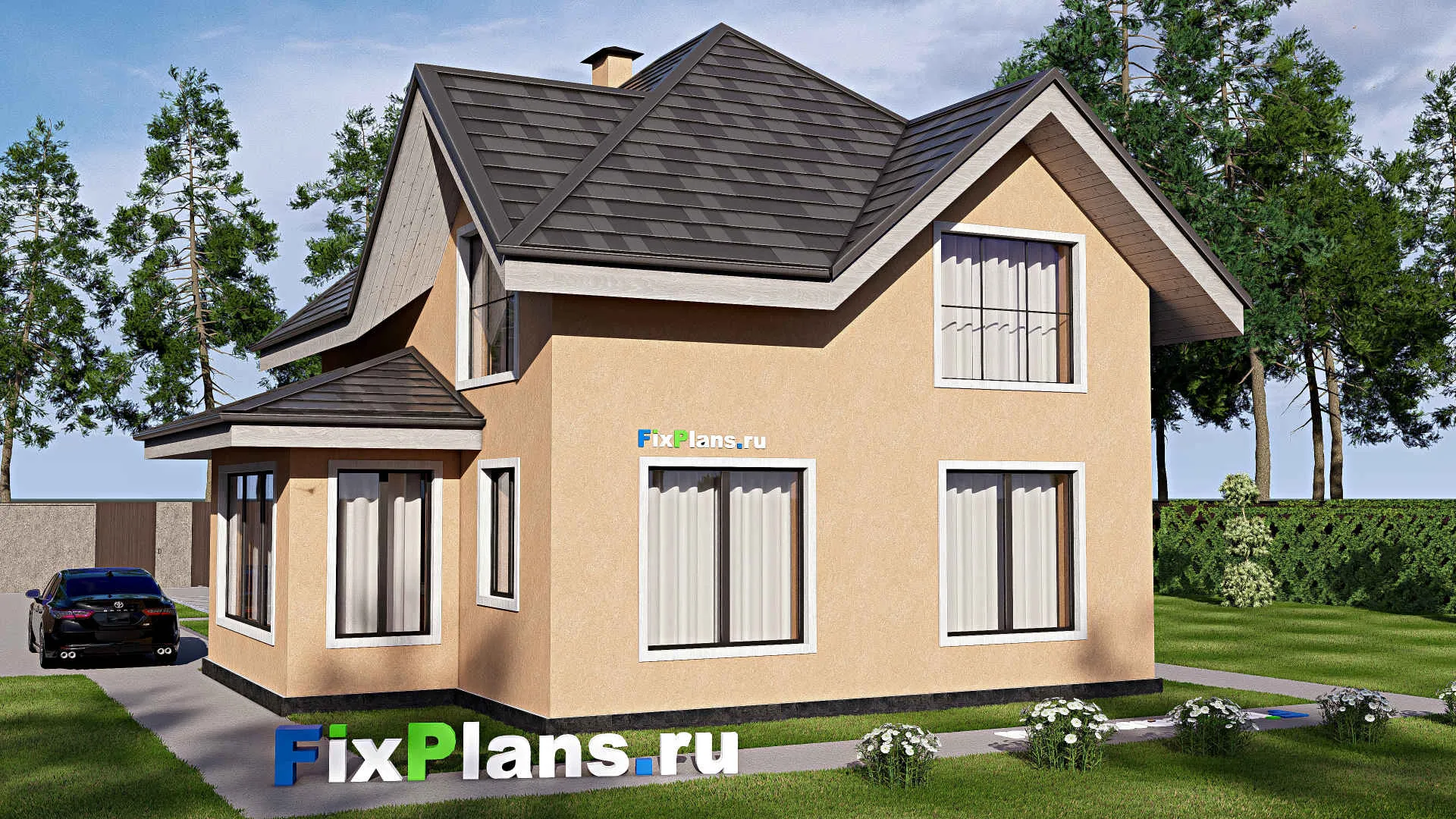 F-17324 - Проект дома с мансардой 11 на 14, площадью 140 м² с террасой и 4 спальнями