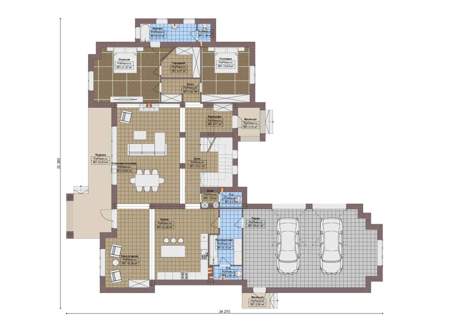 F-20366 - Планы дома с мансардой 23 на 25, площадью 340 м² с террасой, гаражом на 2 машины и 4 спальнями