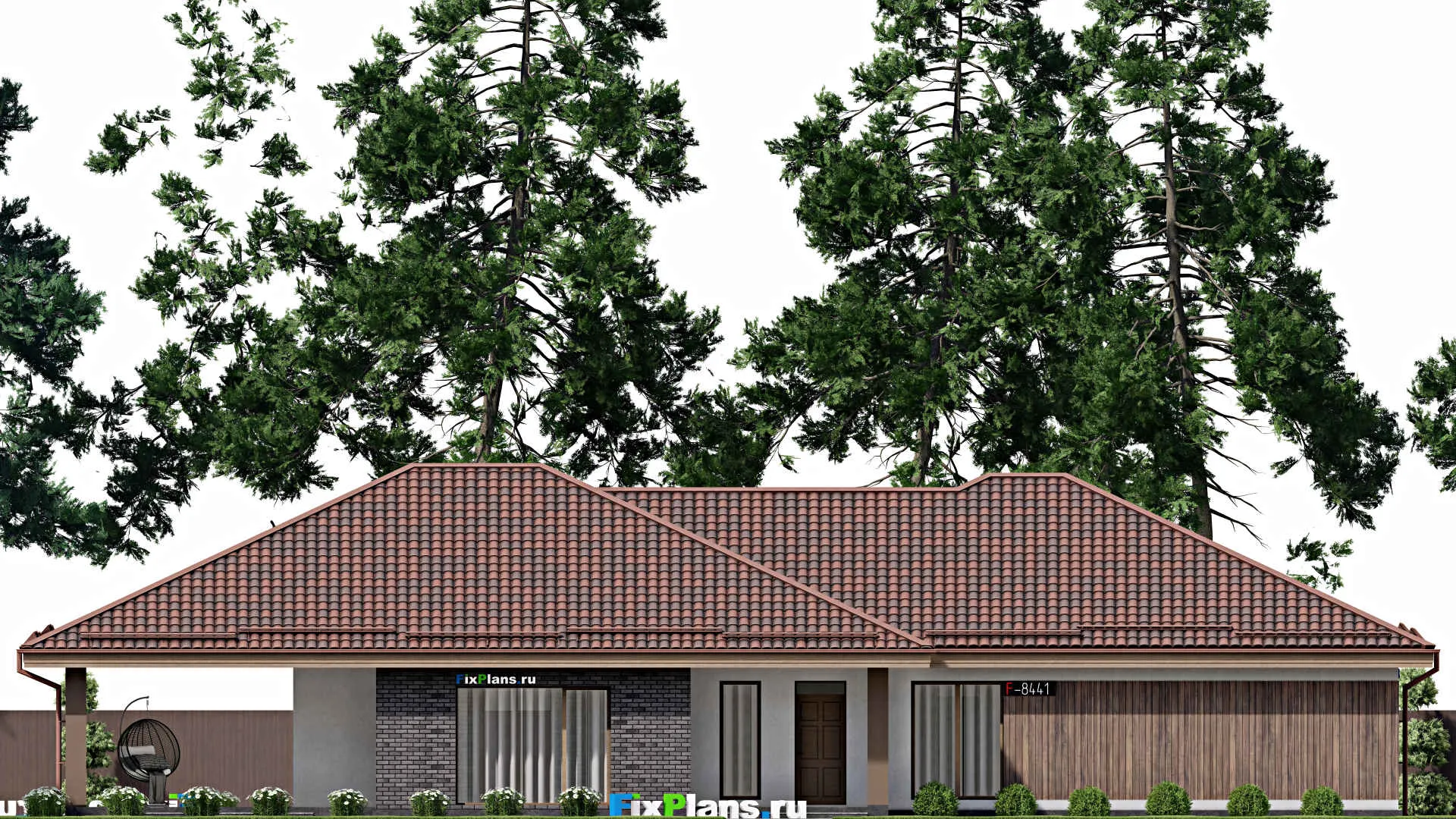 F-8441 - План одноэтажного дома 15 на 26, площадью 300 м² с террасой и 4 спальнями