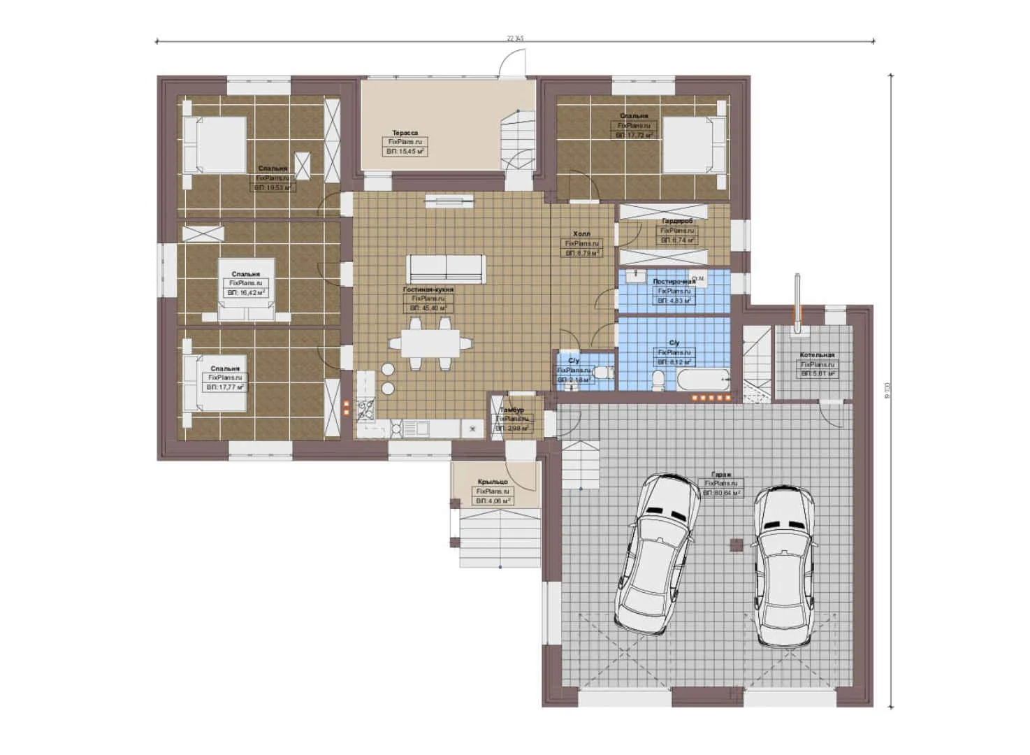 F-12806 - План одноэтажного дома 20 на 23, площадью 260 м² с террасой, гаражом на 2 машины и 4 спальнями