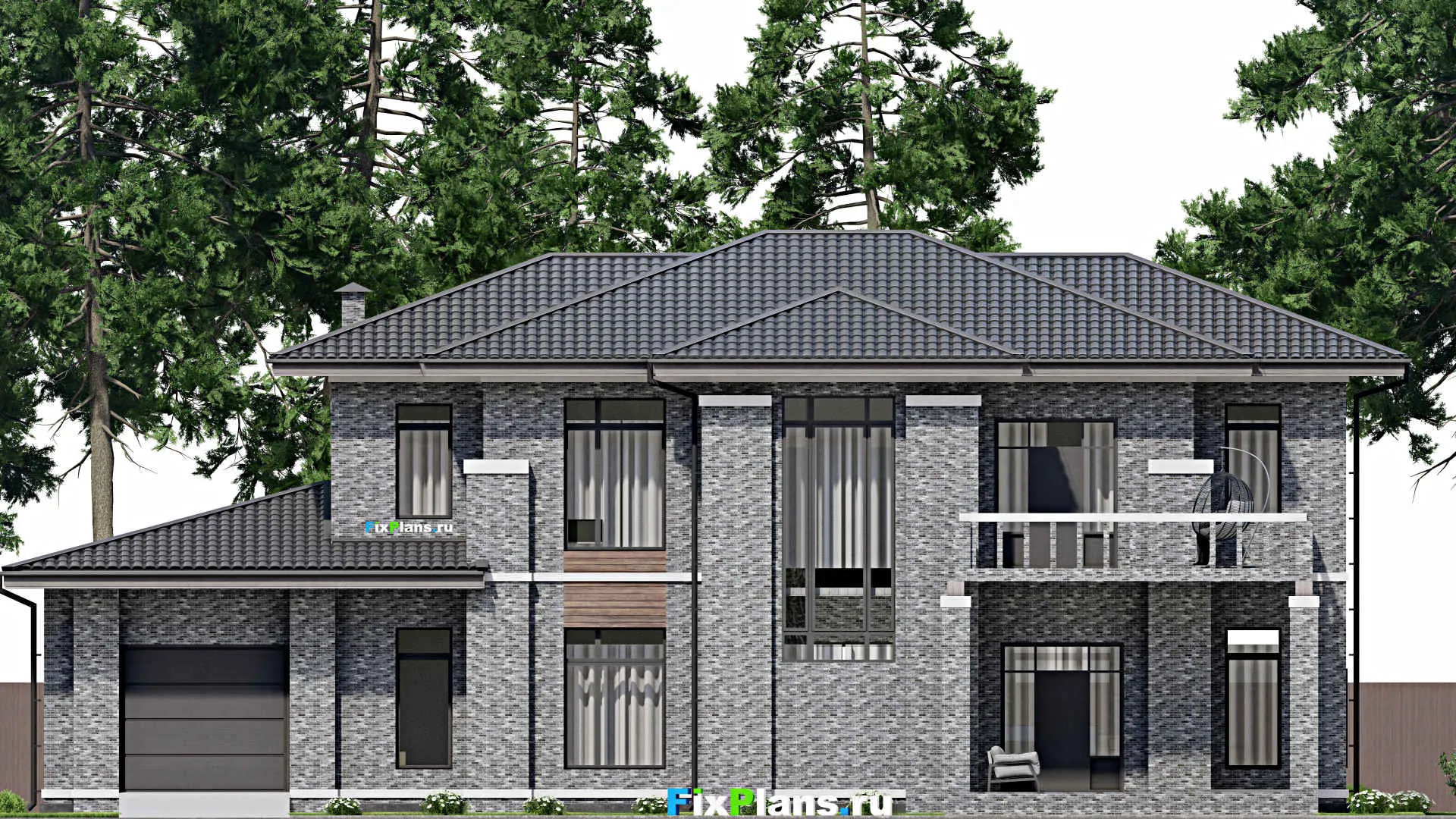 F-4436 - Проект двухэтажного дома 16 на 23, площадью 320 м² с террасой, балконом, гаражом на 1 машину и 4 спальнями