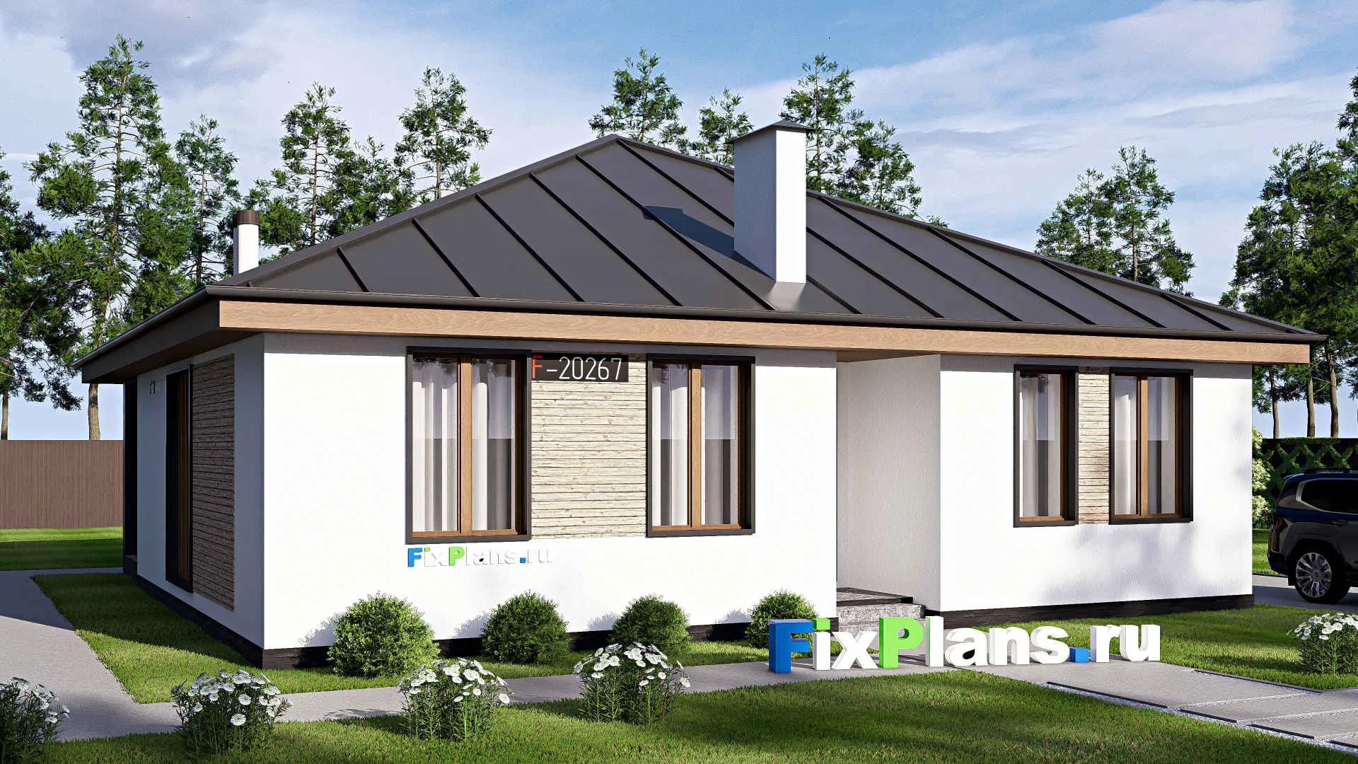 F-20267 - Проект одноэтажного дома 13 на 13, площадью 130 м² с террасой и 3 спальнями