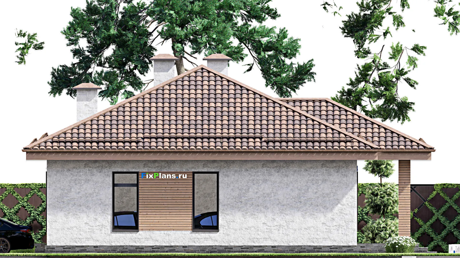 F-12572 - План одноэтажного дома 13 на 14, площадью 180 м² с террасой, гаражом на 2 машины и 2 спальнями