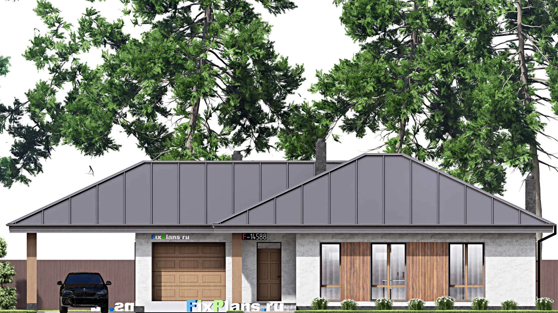F-14588 - Проект одноэтажного дома 14 на 21, площадью 200 м² с террасой, гаражом на 1 машину и 2 спальнями