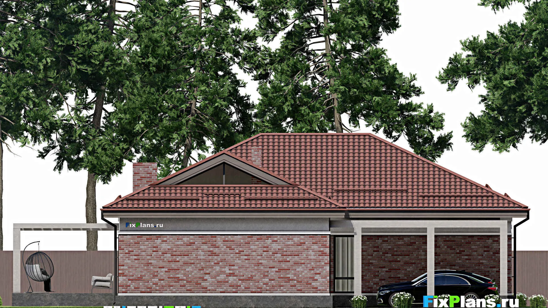 F-2204 - План одноэтажного дома 16 на 21, площадью 280 м² с террасой, гаражом на 2 машины и 3 спальнями