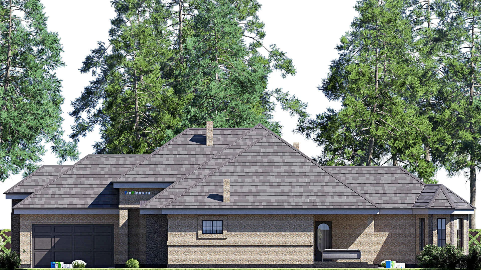 F-17189 - Проект одноэтажного дома 17 на 28, площадью 280 м² с террасой, гаражом на 2 машины и 3 спальнями