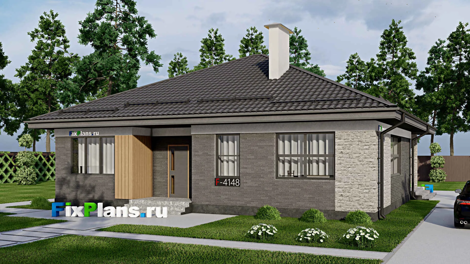 F-4148 - Проект одноэтажного дома 13 на 14, площадью 140 м² с террасой и 3 спальнями