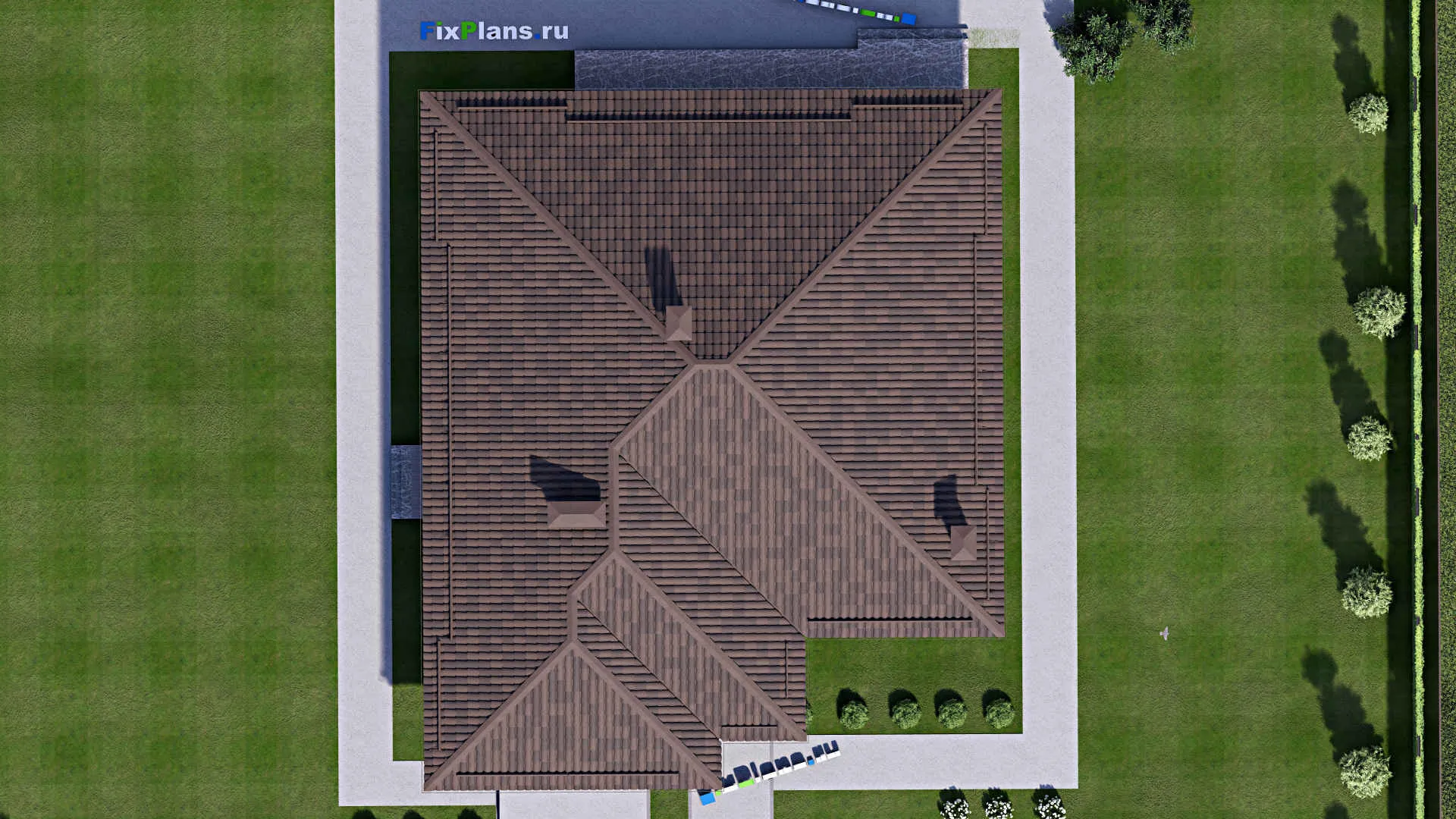 F-16964 - Проект одноэтажного дома 16 на 20, площадью 210 м² с террасой, гаражом на 1 машину и 3 спальнями