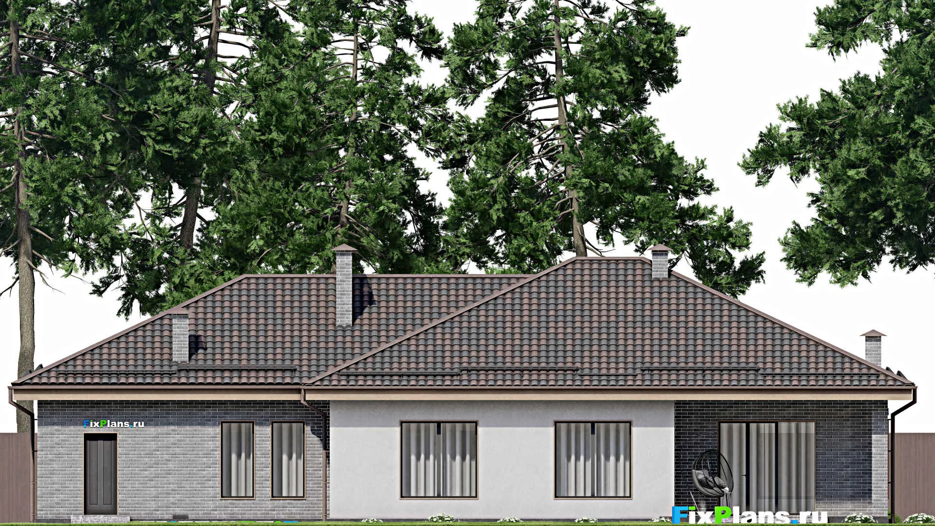 F-7136 - Проект одноэтажного дома 15 на 22, площадью 220 м² с террасой, баней, гаражом на 2 машины и 3 спальнями