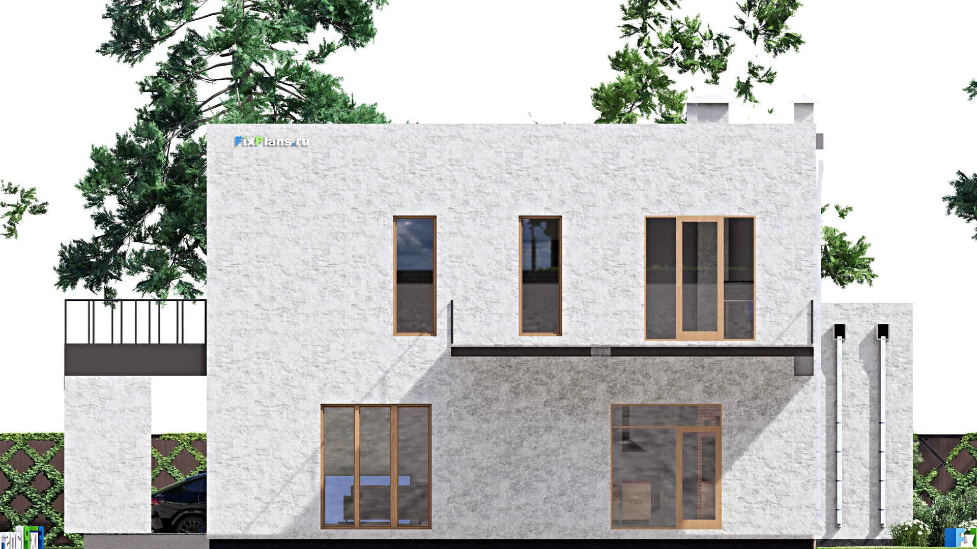 F-15254 - Проект двухэтажного дома 18 на 24, площадью 490 м² с террасой, балконом, гаражом на 2 машины и 6 спальнями