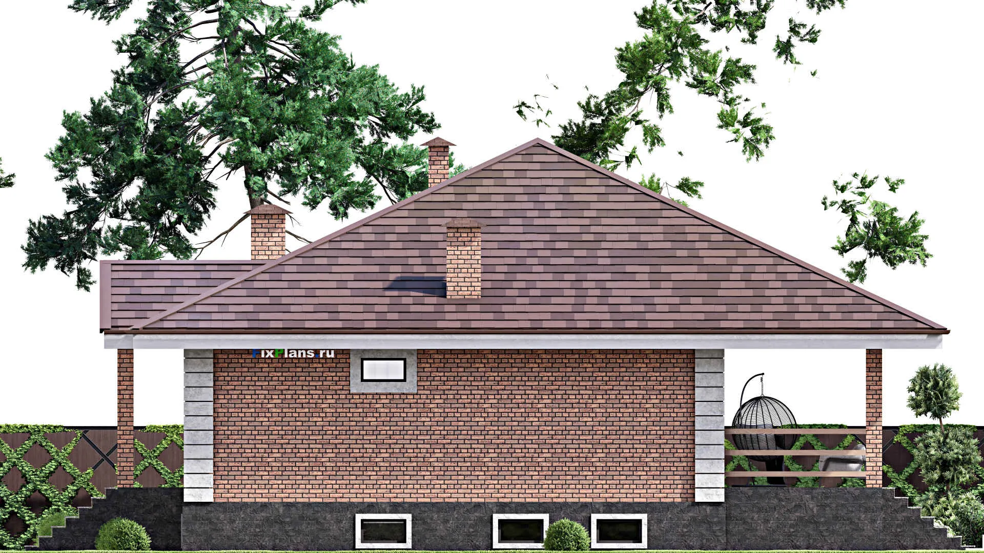 F-13868 - План одноэтажного дома 15 на 17, площадью 290 м² с террасой, цокольным этажом и 3 спальнями