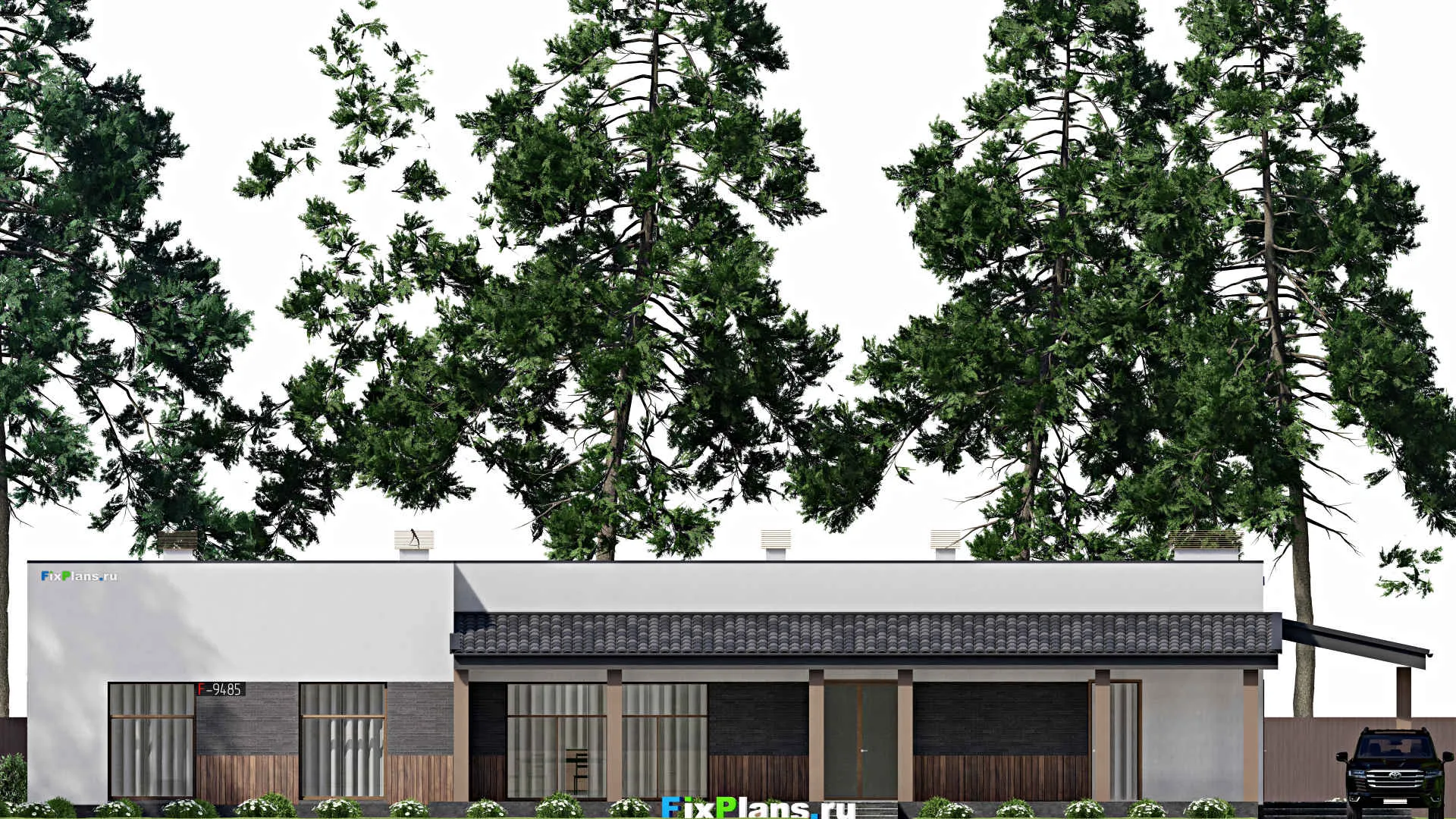 F-9485 - План одноэтажного дома 14 на 29, площадью 260 м² с террасой, баней и 3 спальнями