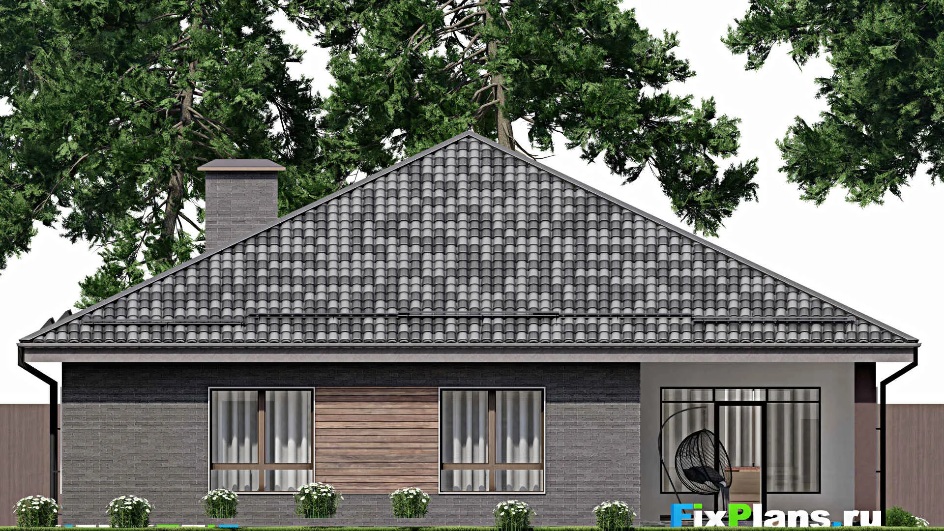 F-6344 - План одноэтажного дома 16 на 18, площадью 210 м² с террасой, гаражом на 2 машины и 3 спальнями