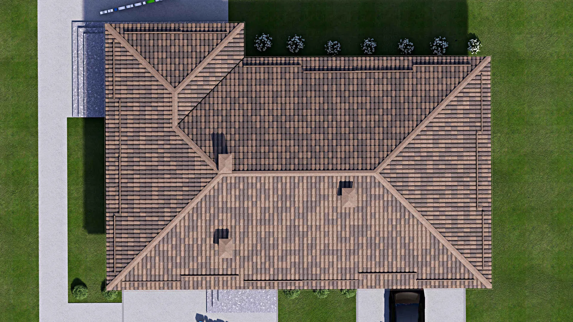 F-12572 - План одноэтажного дома 13 на 14, площадью 180 м² с террасой, гаражом на 2 машины и 2 спальнями