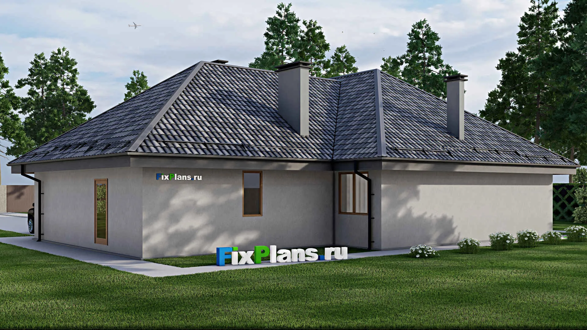 F-9089 - Проект одноэтажного дома 20 на 29, площадью 320 м² с террасой, гаражом на 2 машины и 4 спальнями