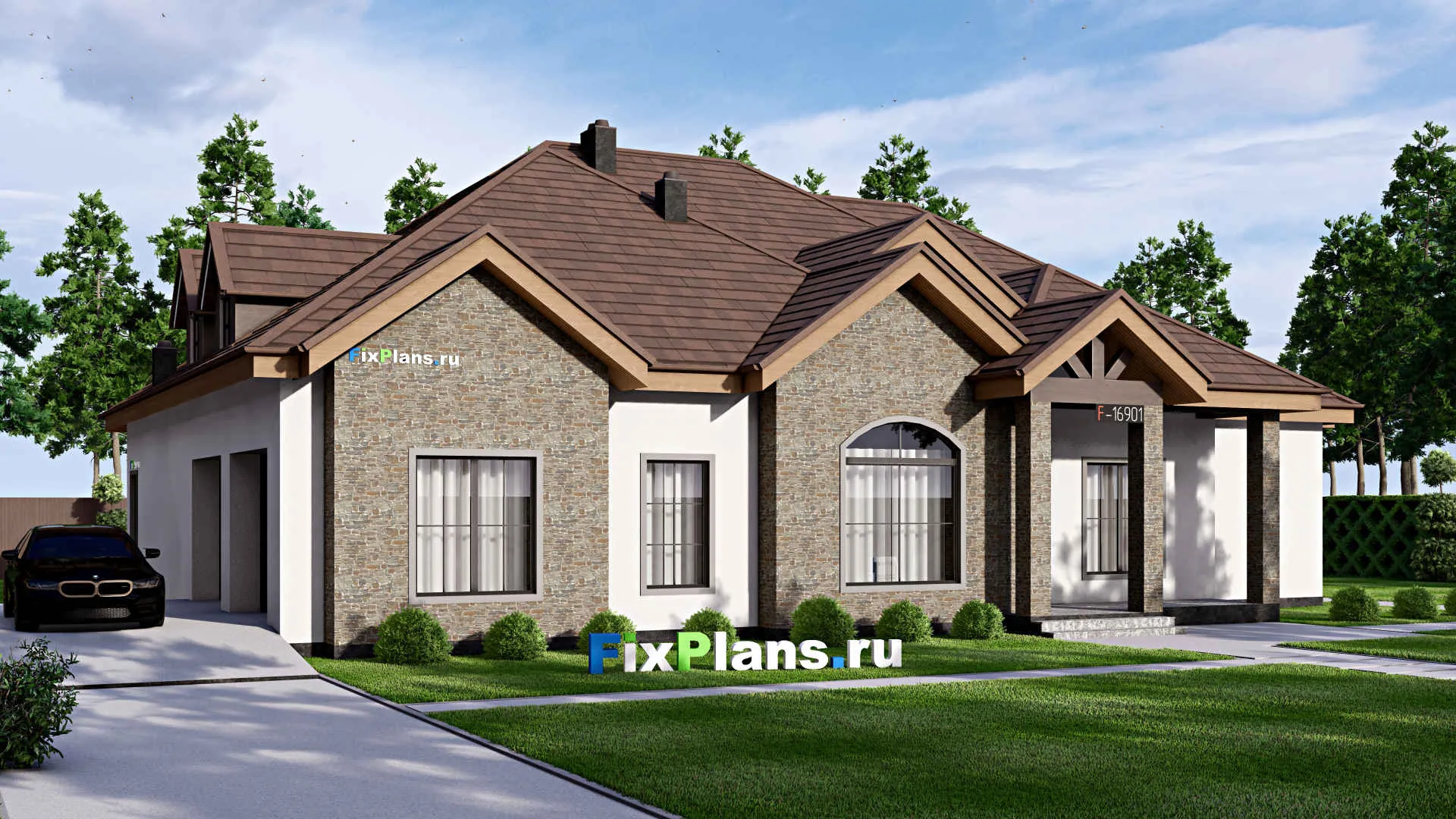 F-16901 - Проект одноэтажного дома 19 на 23, площадью 450 м² с террасой, гаражом на 2 машины и 4 спальнями