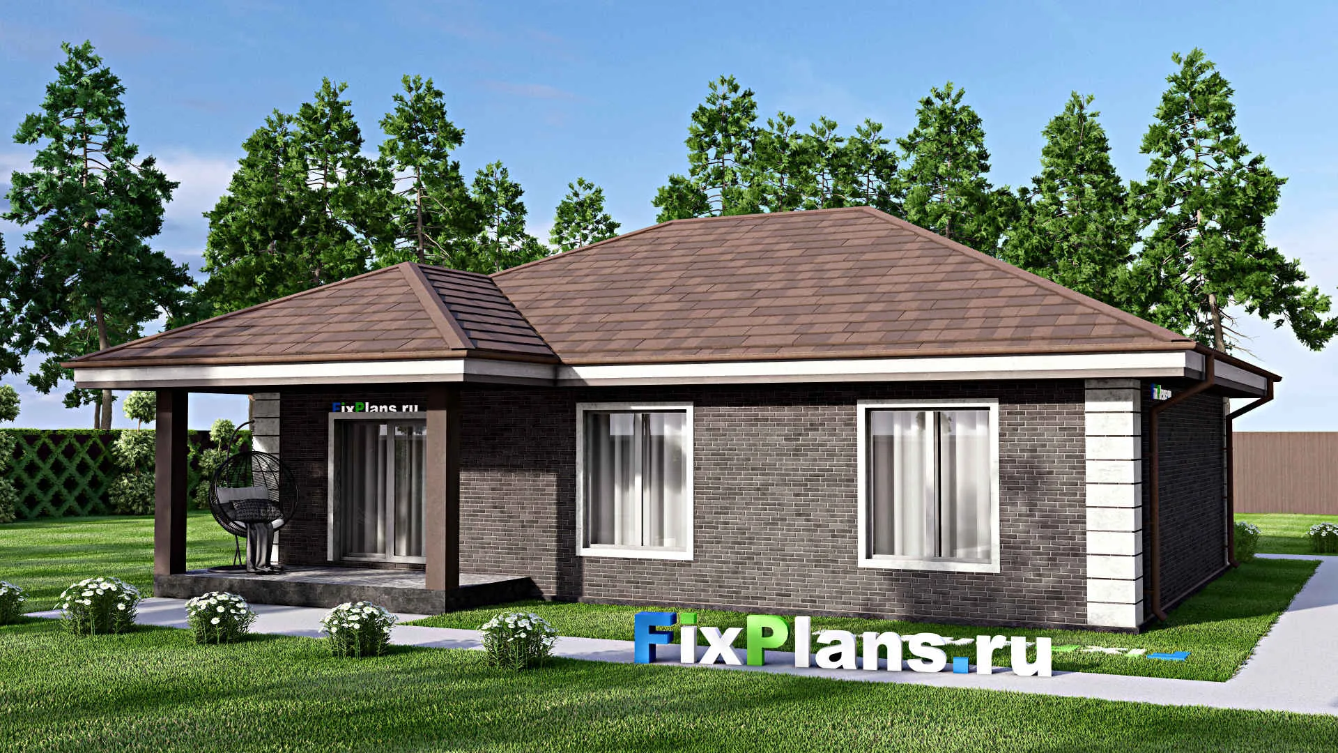 F-14327 - Проект одноэтажного дома 13 на 14, площадью 120 м² с террасой и 3 спальнями