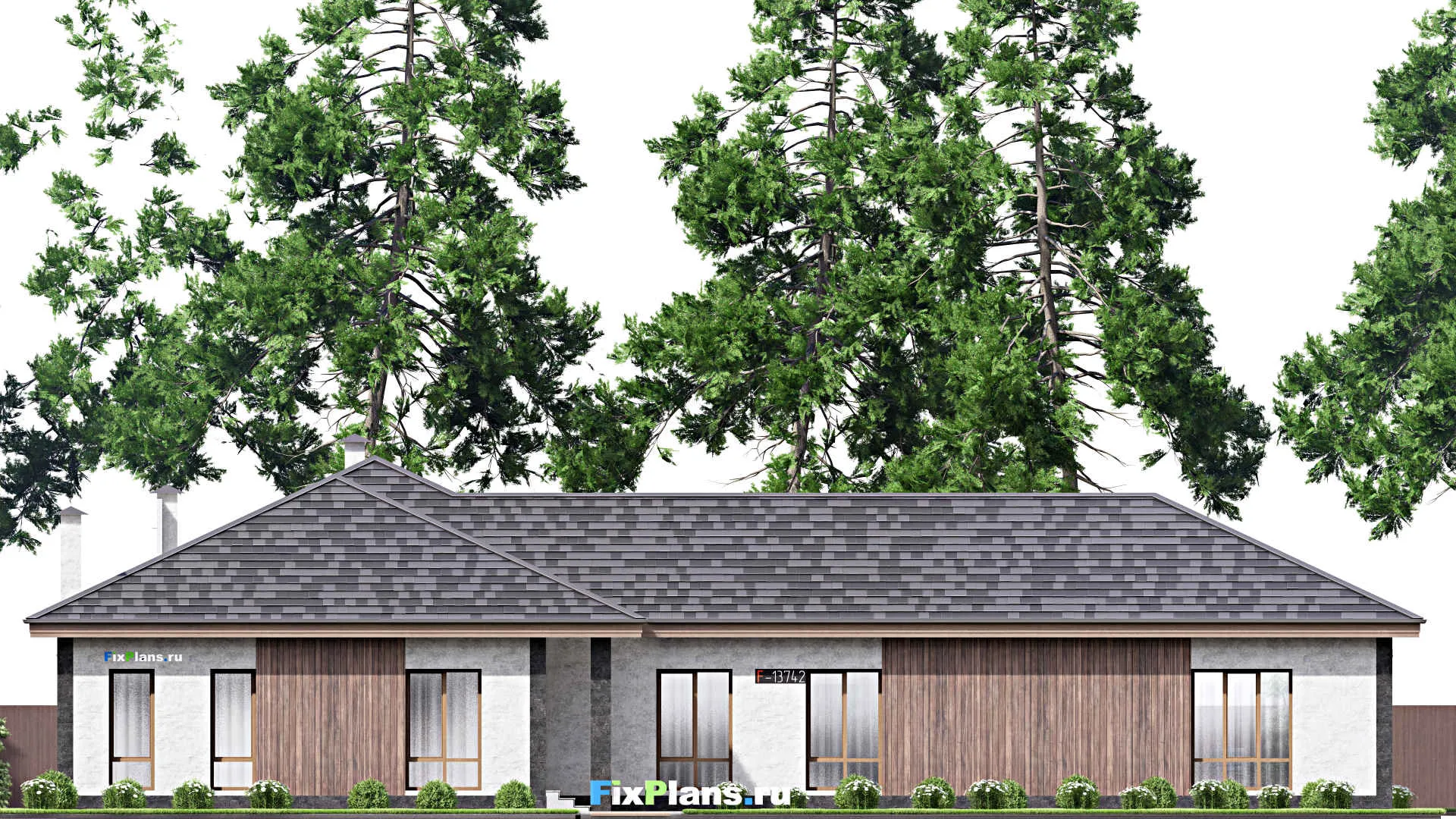 F-13742 - Проект одноэтажного дома 21 на 27, площадью 310 м² с террасой и 3 спальнями