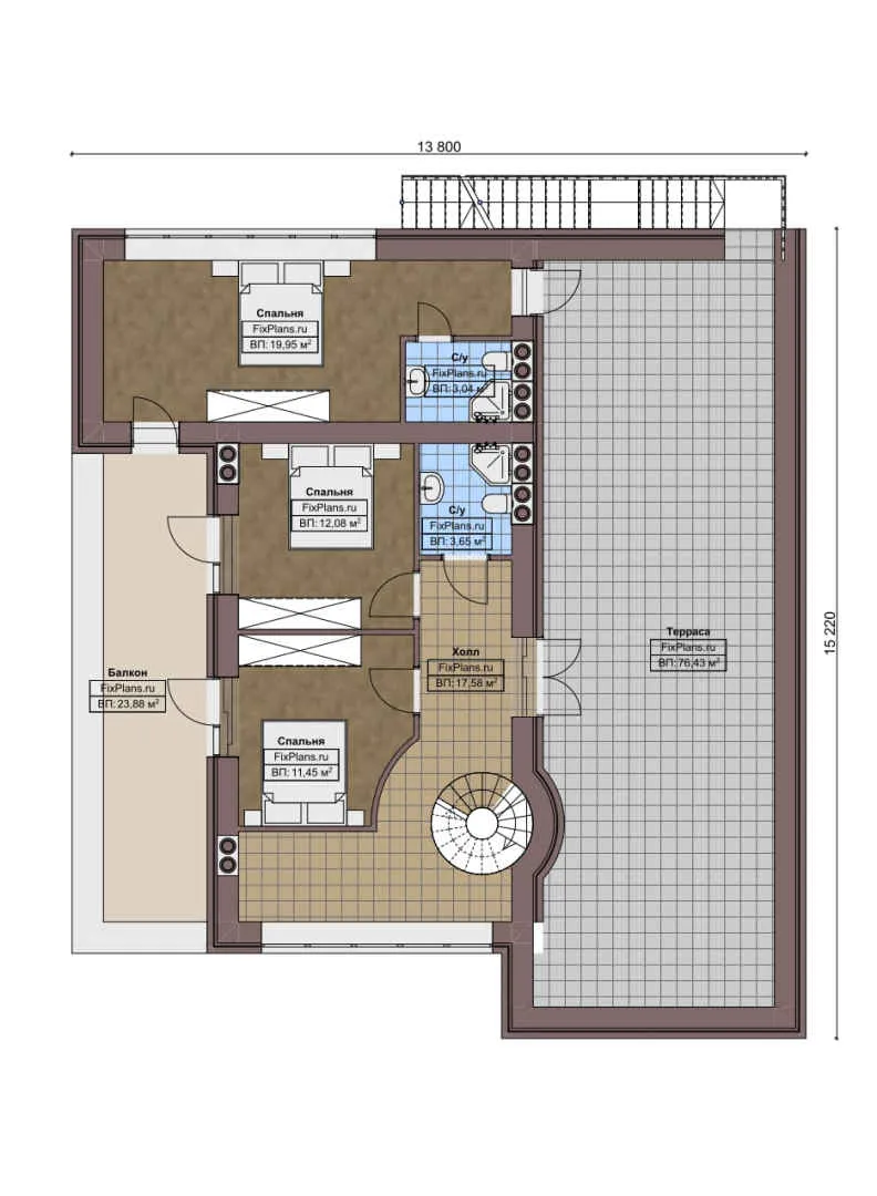 F-4985 - Планы двухэтажного дома 14 на 16, площадью 350 м² с террасой, балконом, баней, гаражом на 1 машину и 5 спальнями