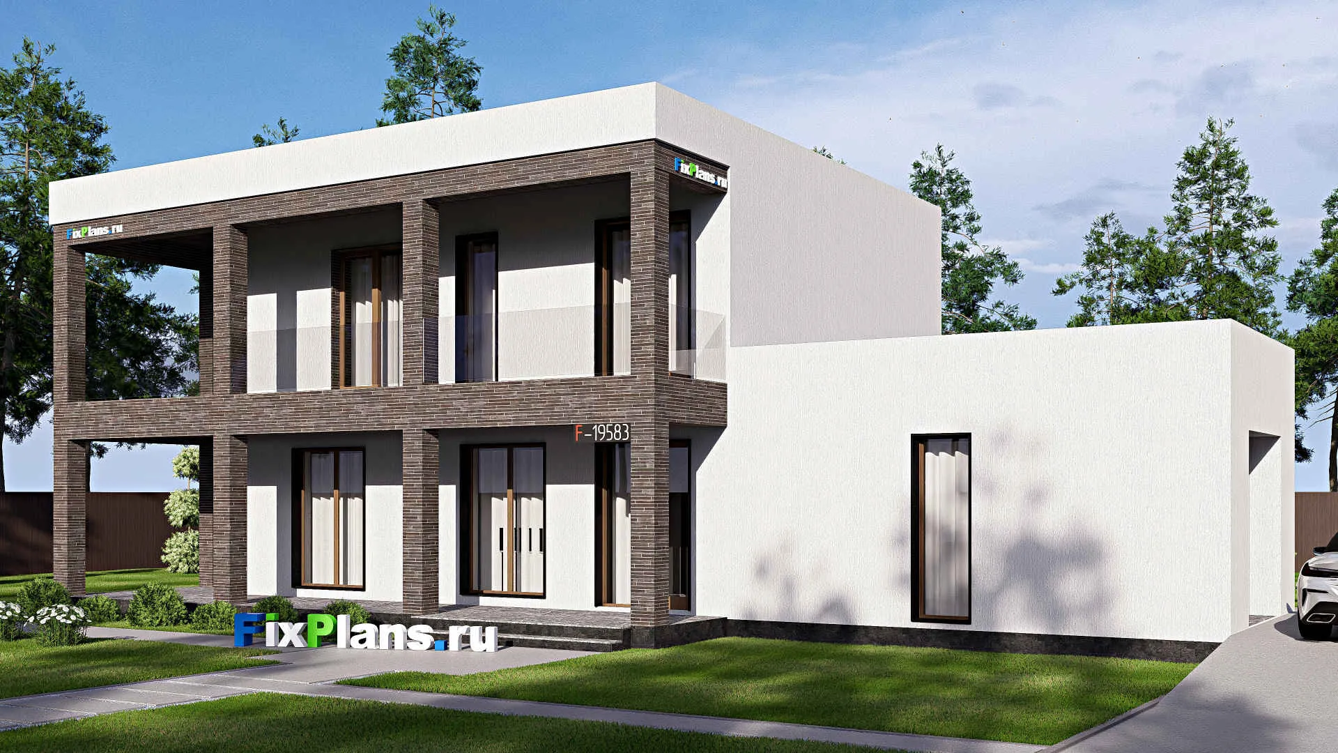 F-19583 - Проект двухэтажного дома 12 на 21, площадью 280 м² с террасой, балконом, гаражом на 1 машину и 5 спальнями