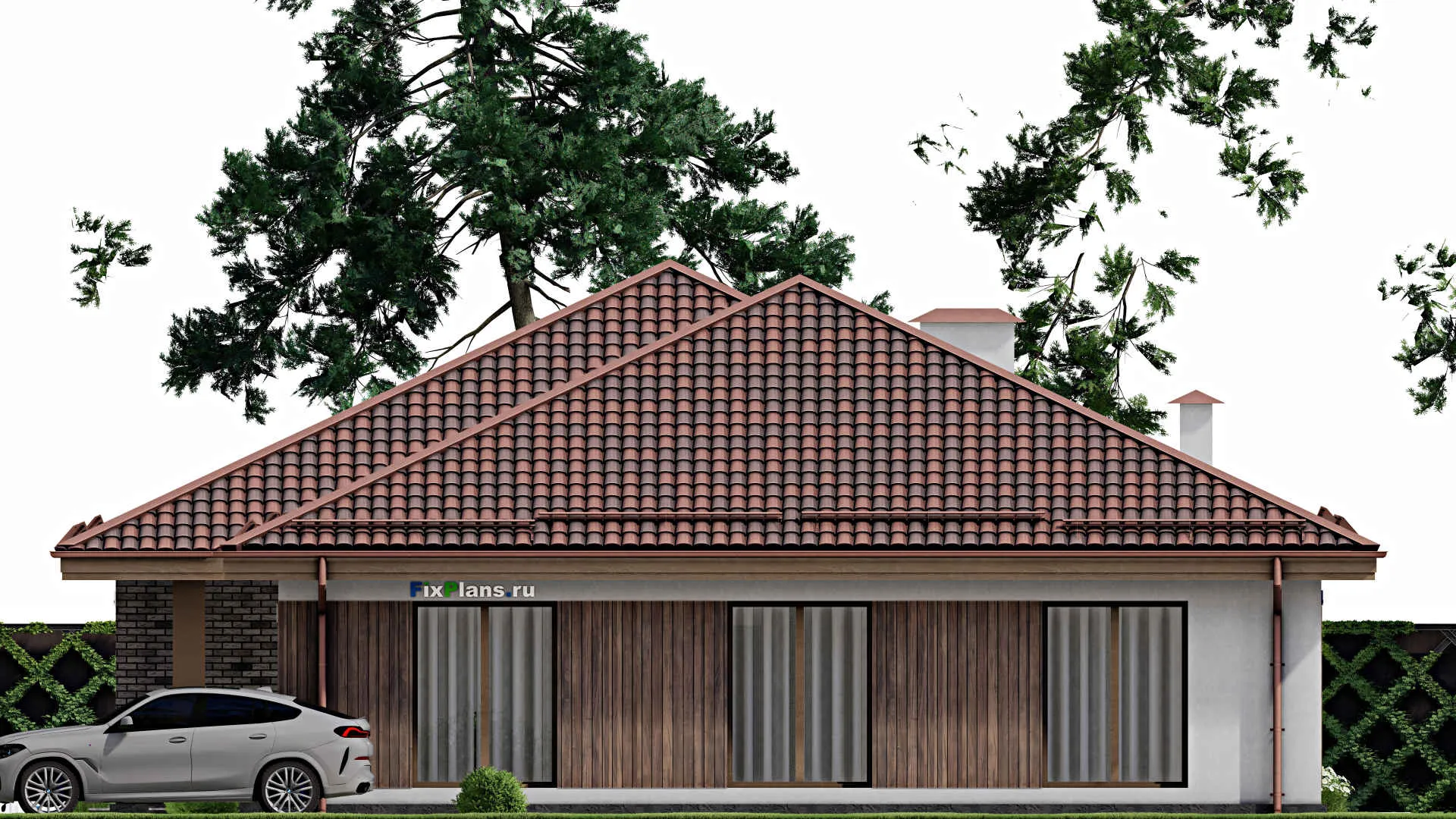 F-8441 - План одноэтажного дома 15 на 26, площадью 300 м² с террасой и 4 спальнями