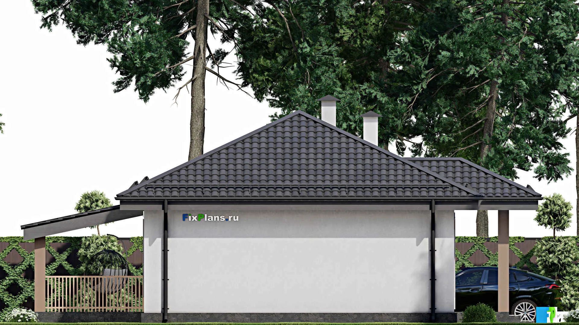 F-9683 - Проект одноэтажного дома 13 на 13, площадью 100 м² с террасой и 3 спальнями