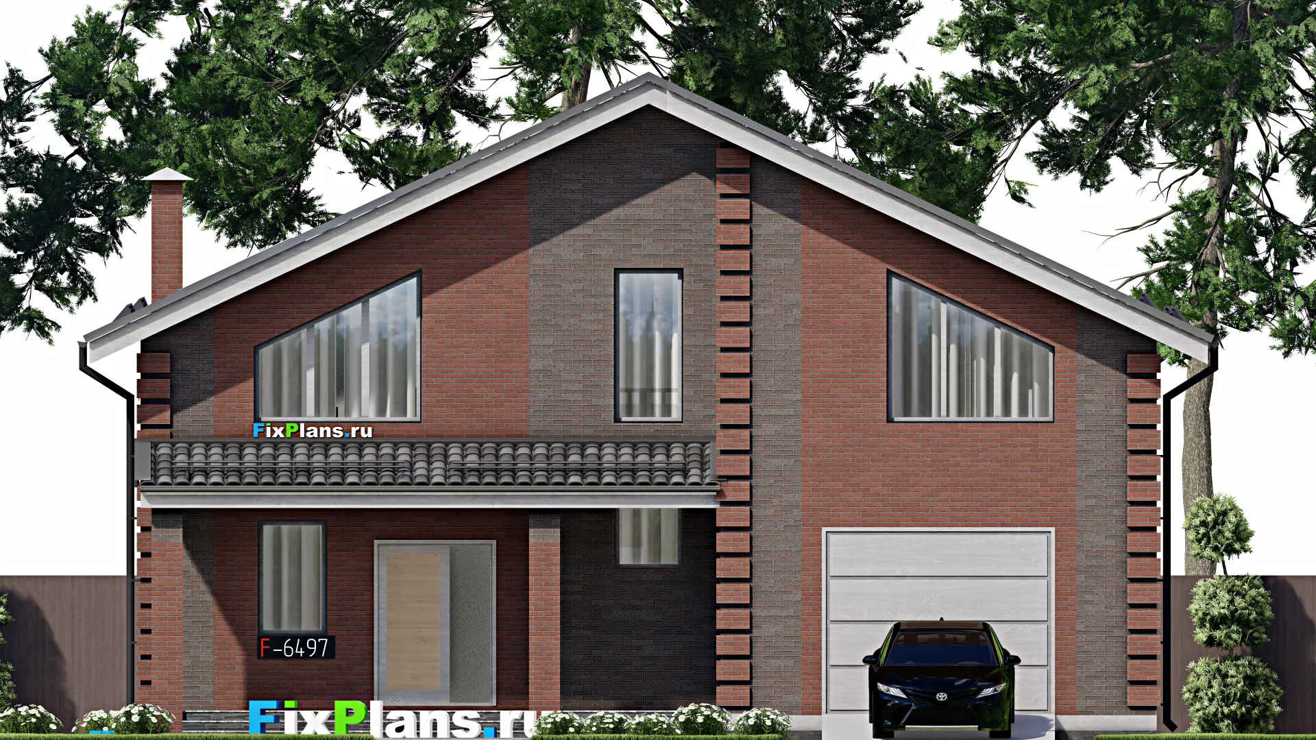 F-6497 - Планы дома с мансардой 14 на 14, площадью 250 м² с террасой, гаражом на 1 машину и 3 спальнями