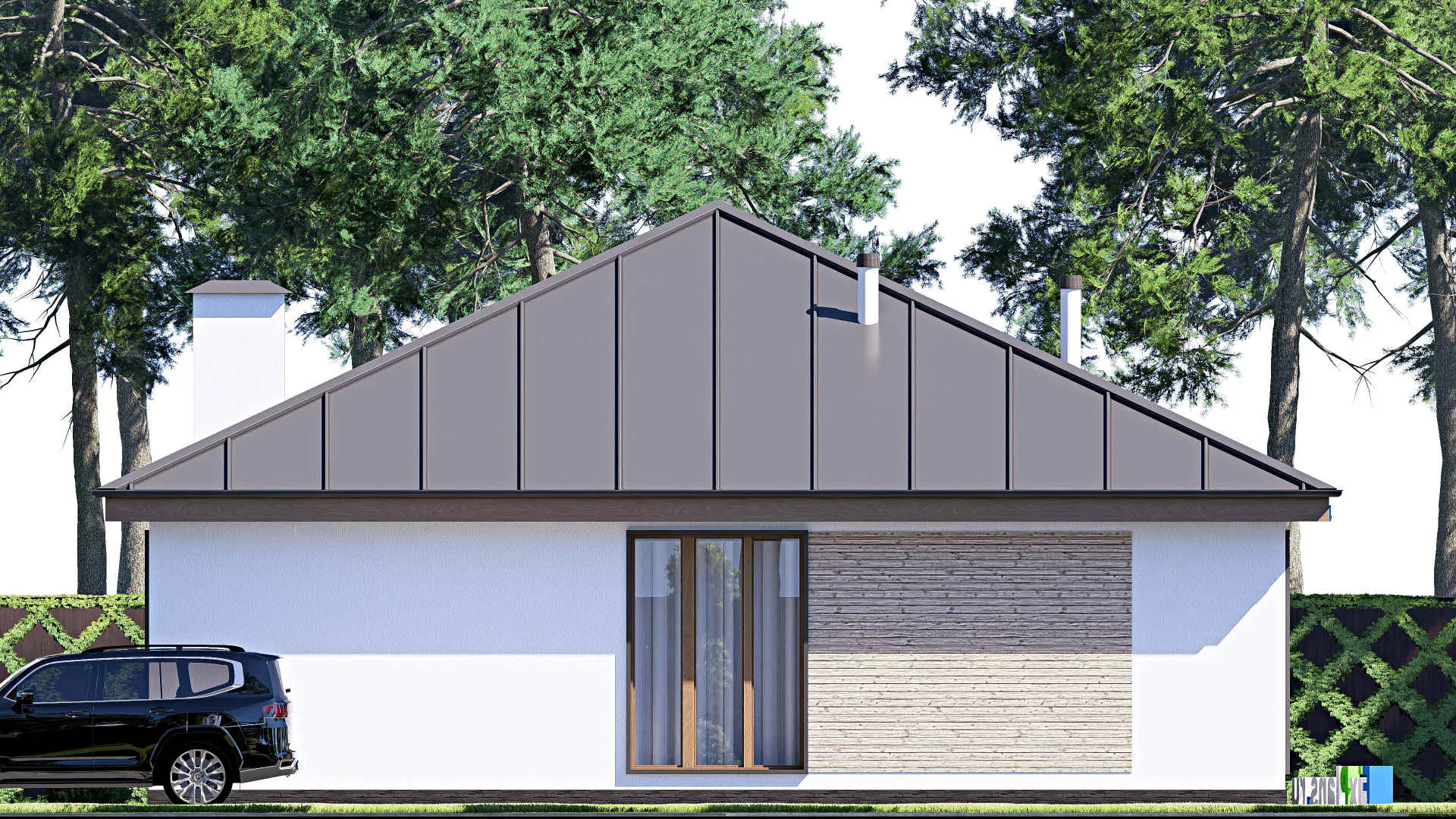 F-20267 - План одноэтажного дома 13 на 13, площадью 130 м² с террасой и 3 спальнями