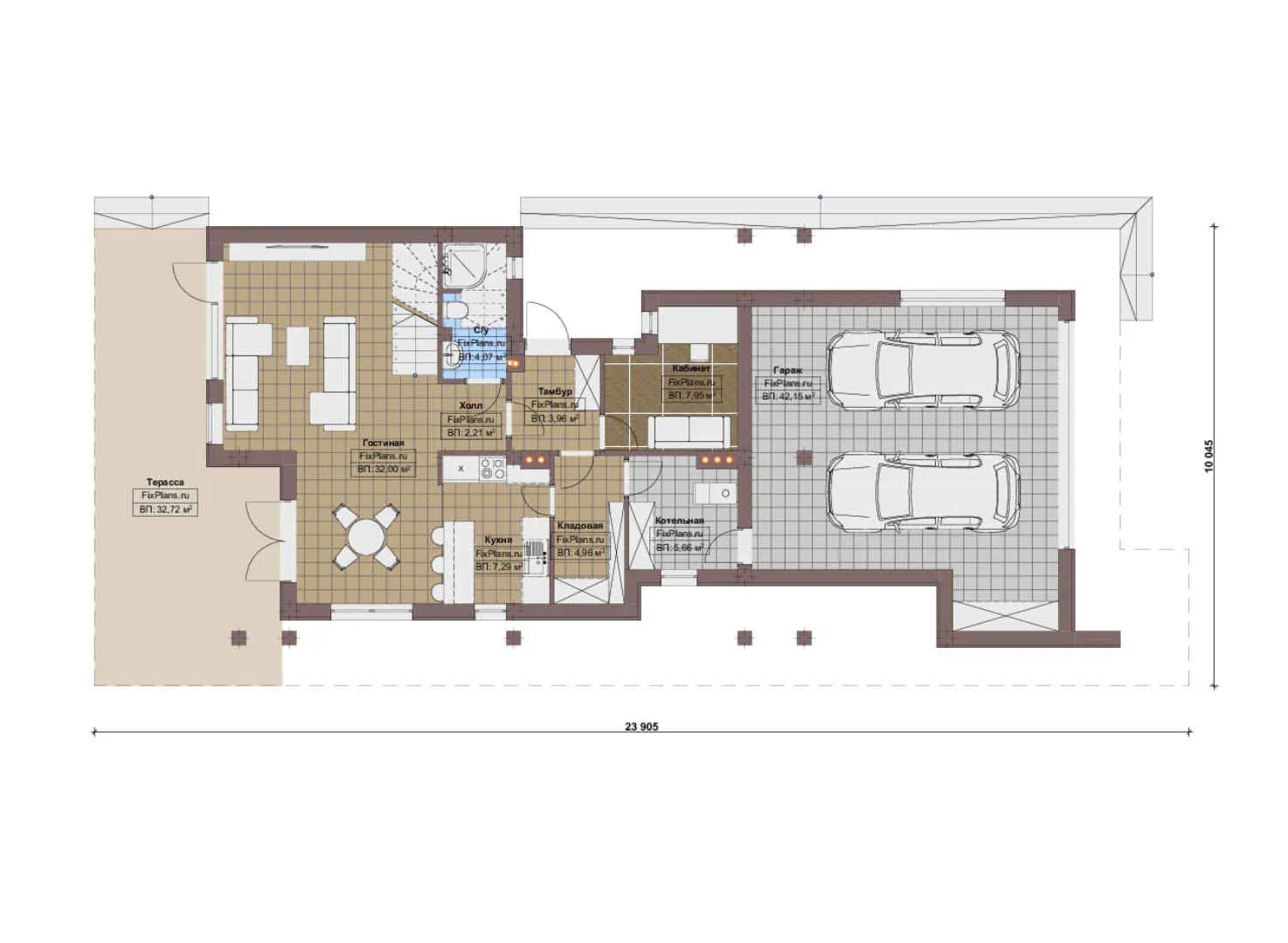 F-16046 - Планы двухэтажного дома 11 на 24, площадью 280 м² с террасой, балконом, гаражом на 2 машины и 3 спальнями