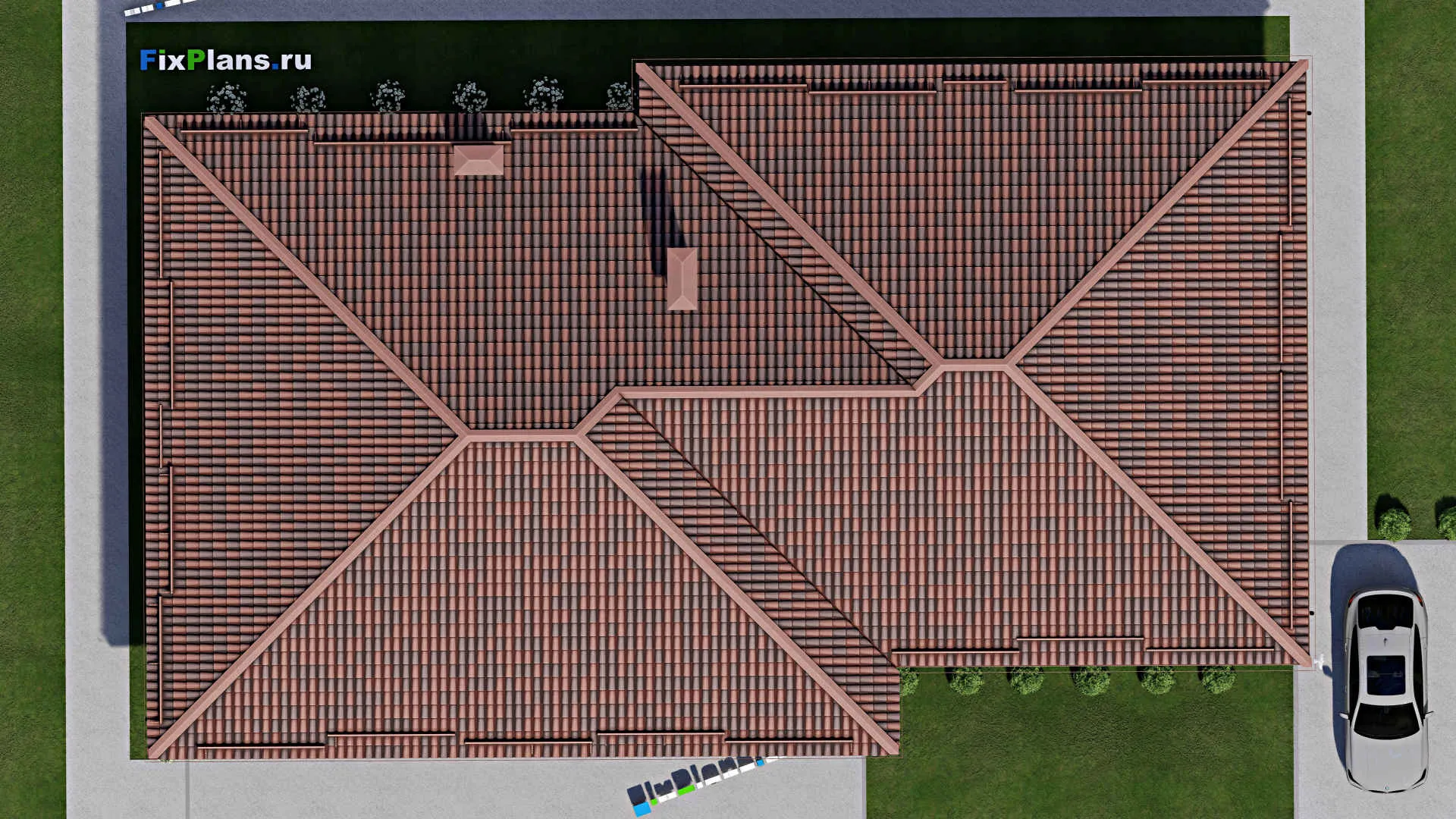 F-8441 - План одноэтажного дома 15 на 26, площадью 300 м² с террасой и 4 спальнями