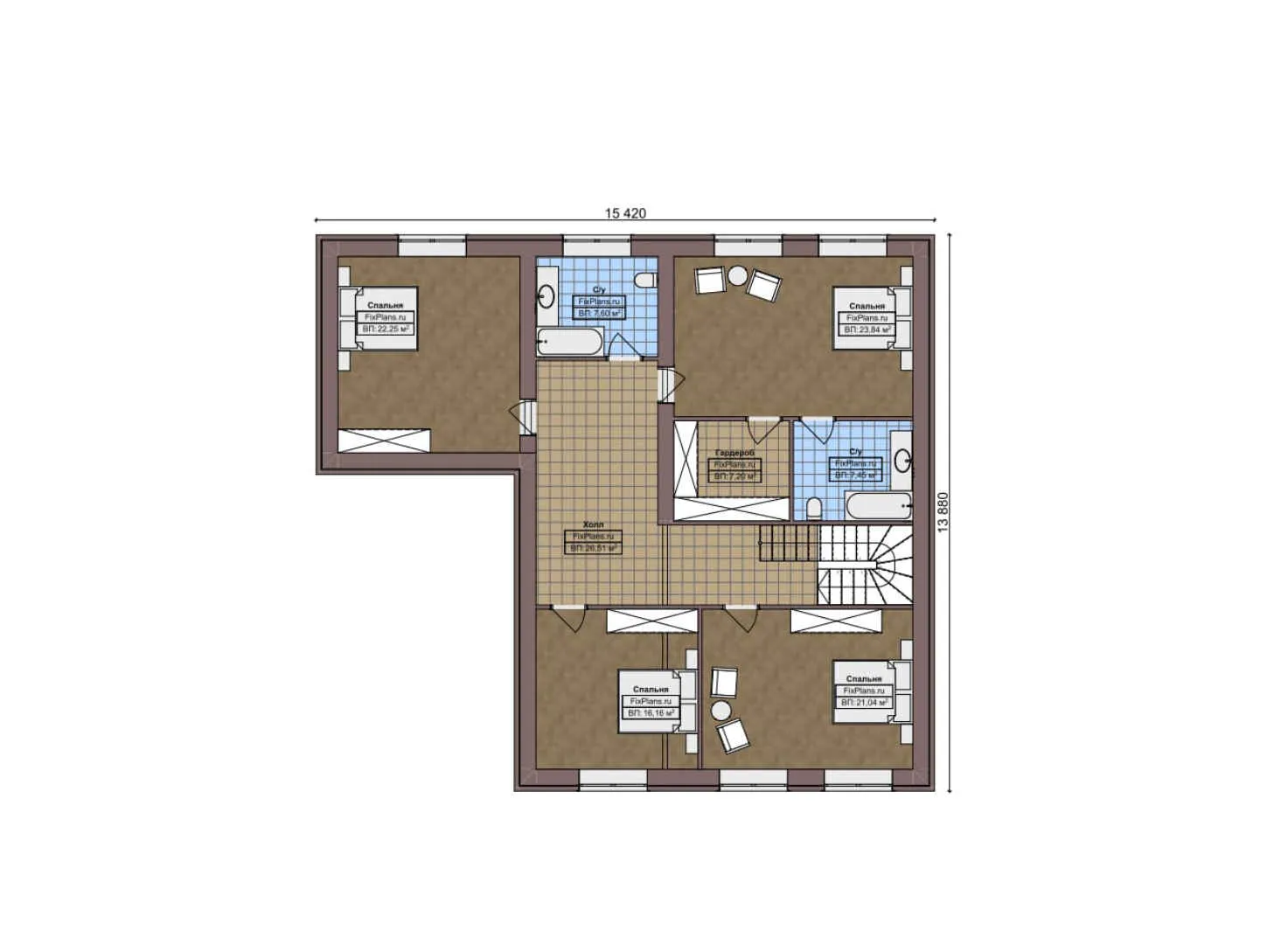 F-3086 - Планы двухэтажного дома 17 на 18, площадью 410 м² с террасой, цокольным этажом, баней, гаражом на 1 машину и 5 спальнями