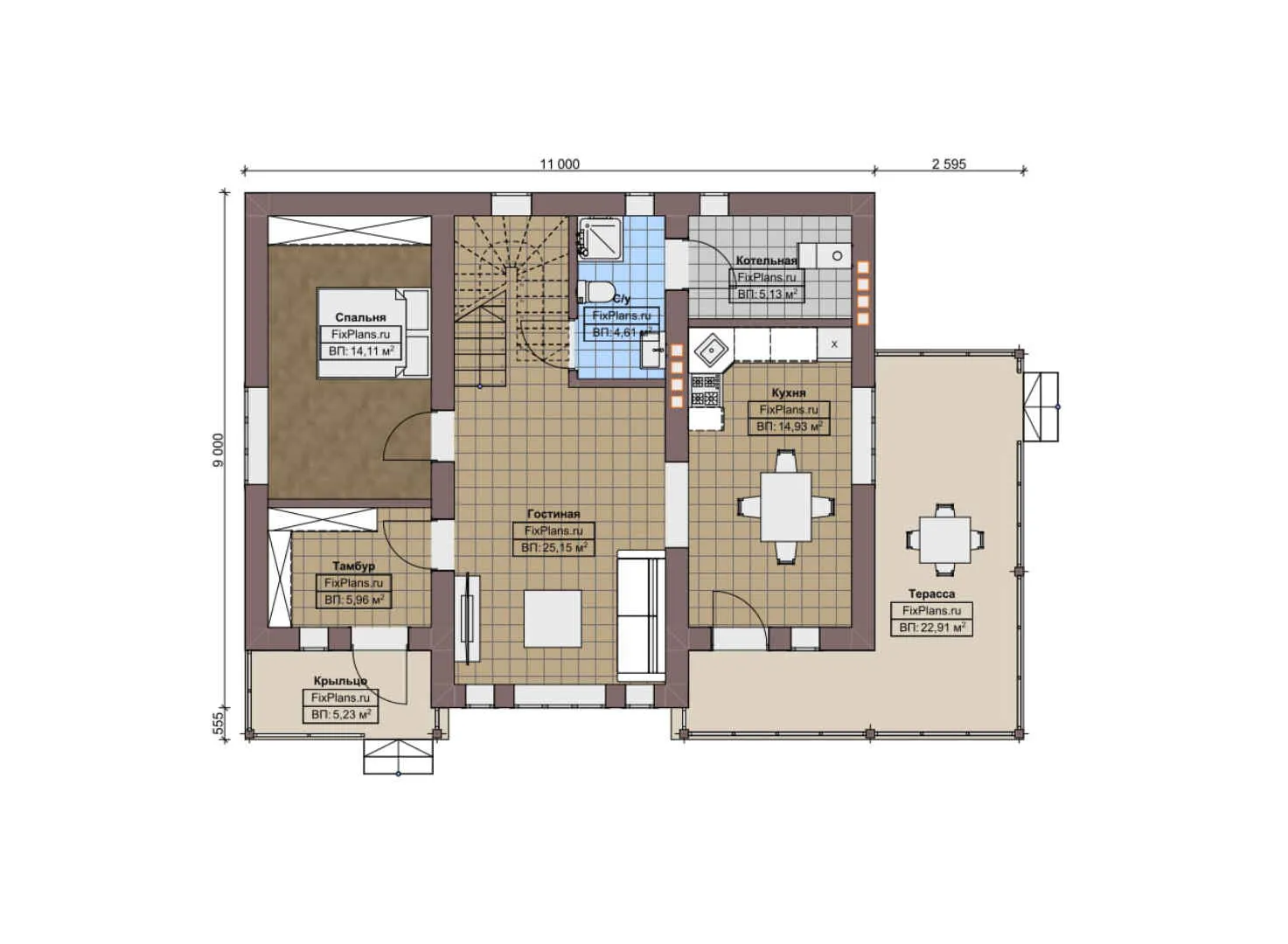 F-3833 - Планы дома с мансардой 9 на 11, площадью 170 м² с террасой и 4 спальнями