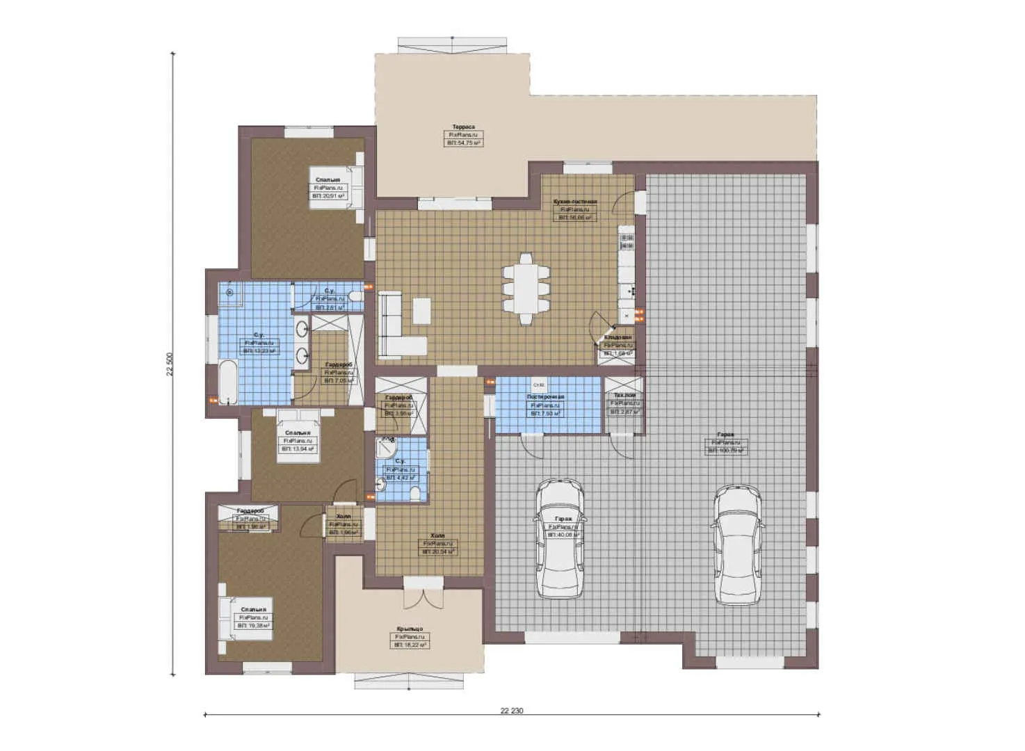 F-20114 - План одноэтажного дома 23 на 23, площадью 400 м² с террасой, гаражом на 2 машины и 3 спальнями