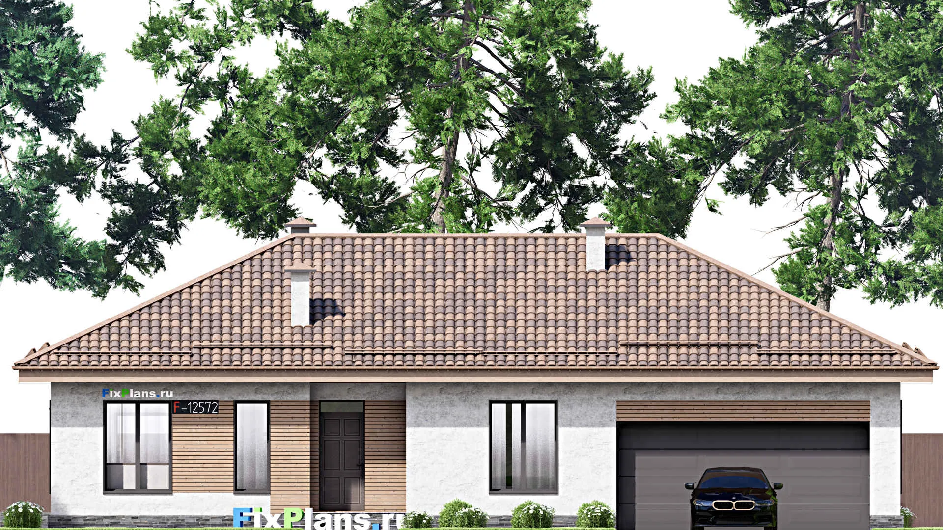 F-12572 - План одноэтажного дома 13 на 14, площадью 180 м² с террасой, гаражом на 2 машины и 2 спальнями