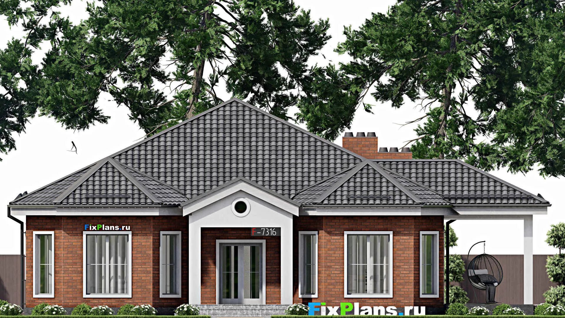 F-7316 - Проект одноэтажного дома 15 на 16, площадью 190 м² с террасой и 4 спальнями