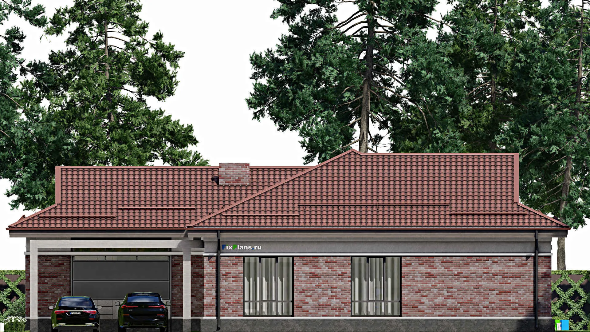 F-2204 - План одноэтажного дома 16 на 21, площадью 280 м² с террасой, гаражом на 2 машины и 3 спальнями