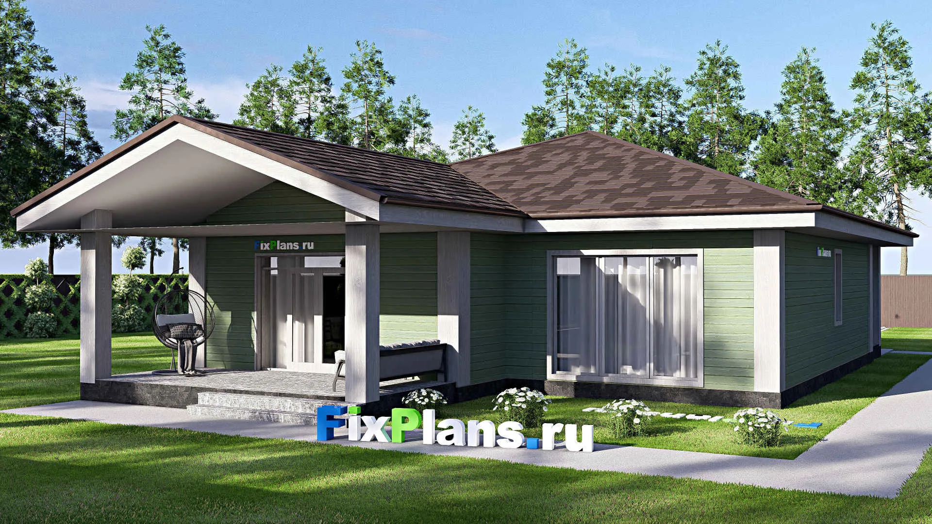 F-18440 - План одноэтажного дома 13 на 19, площадью 170 м² с террасой и 3 спальнями