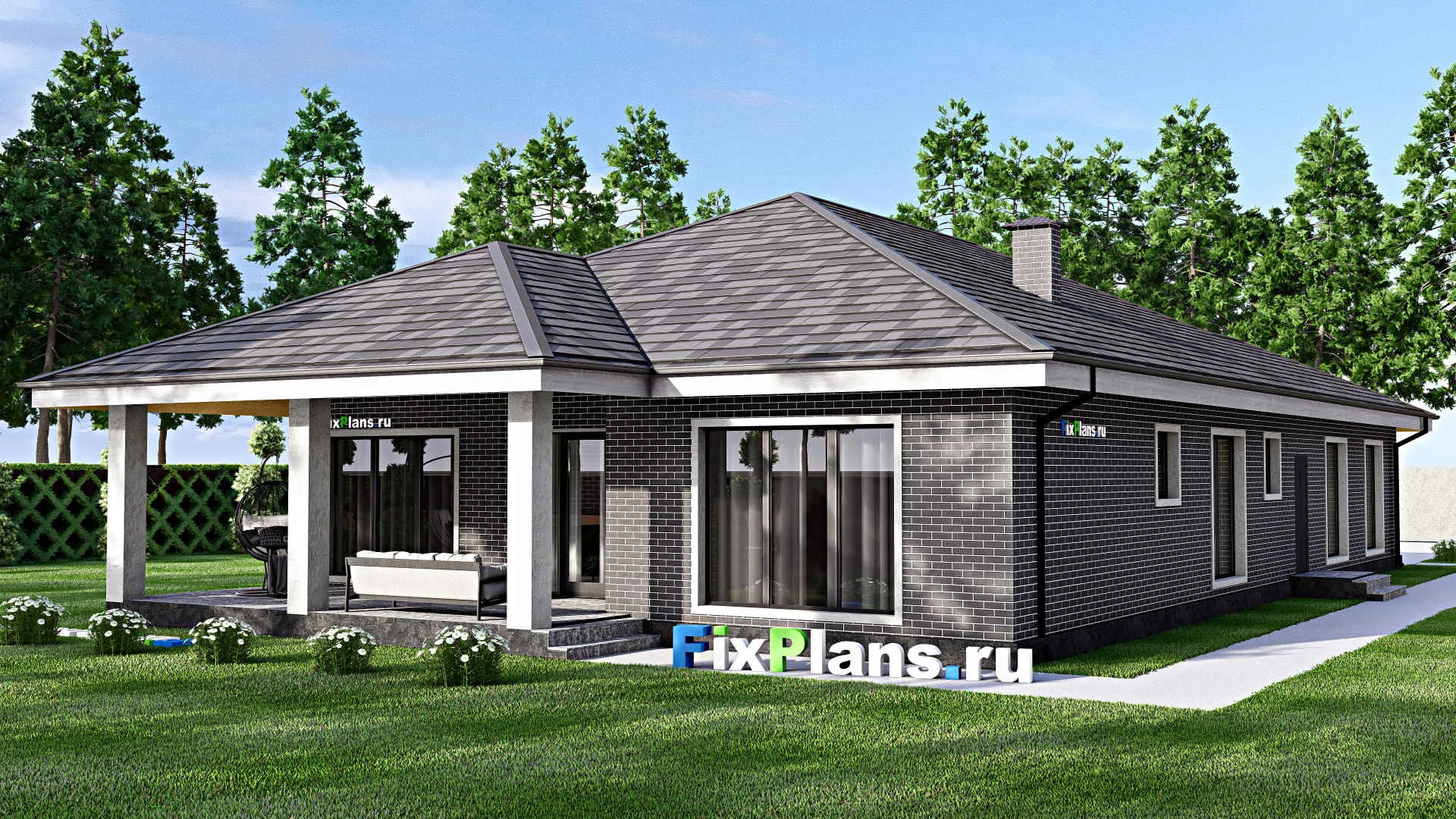 F-13193 - Проект одноэтажного дома 14 на 25, площадью 260 м² с террасой, гаражом на 2 машины и 3 спальнями