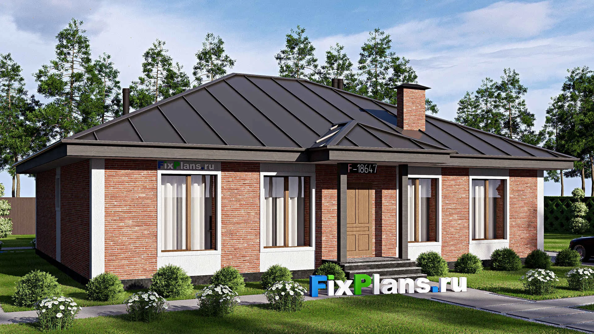 F-18647 - Проект одноэтажного дома 16 на 16, площадью 170 м² с террасой и 4 спальнями