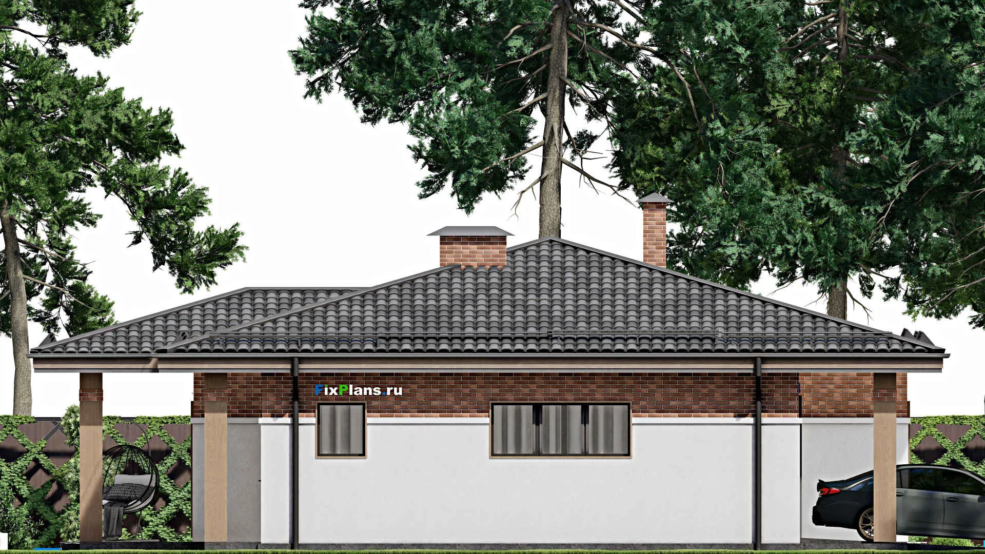 F-8045 - Проект одноэтажного дома 13 на 16, площадью 170 м² с террасой, гаражом на 1 машину и 3 спальнями