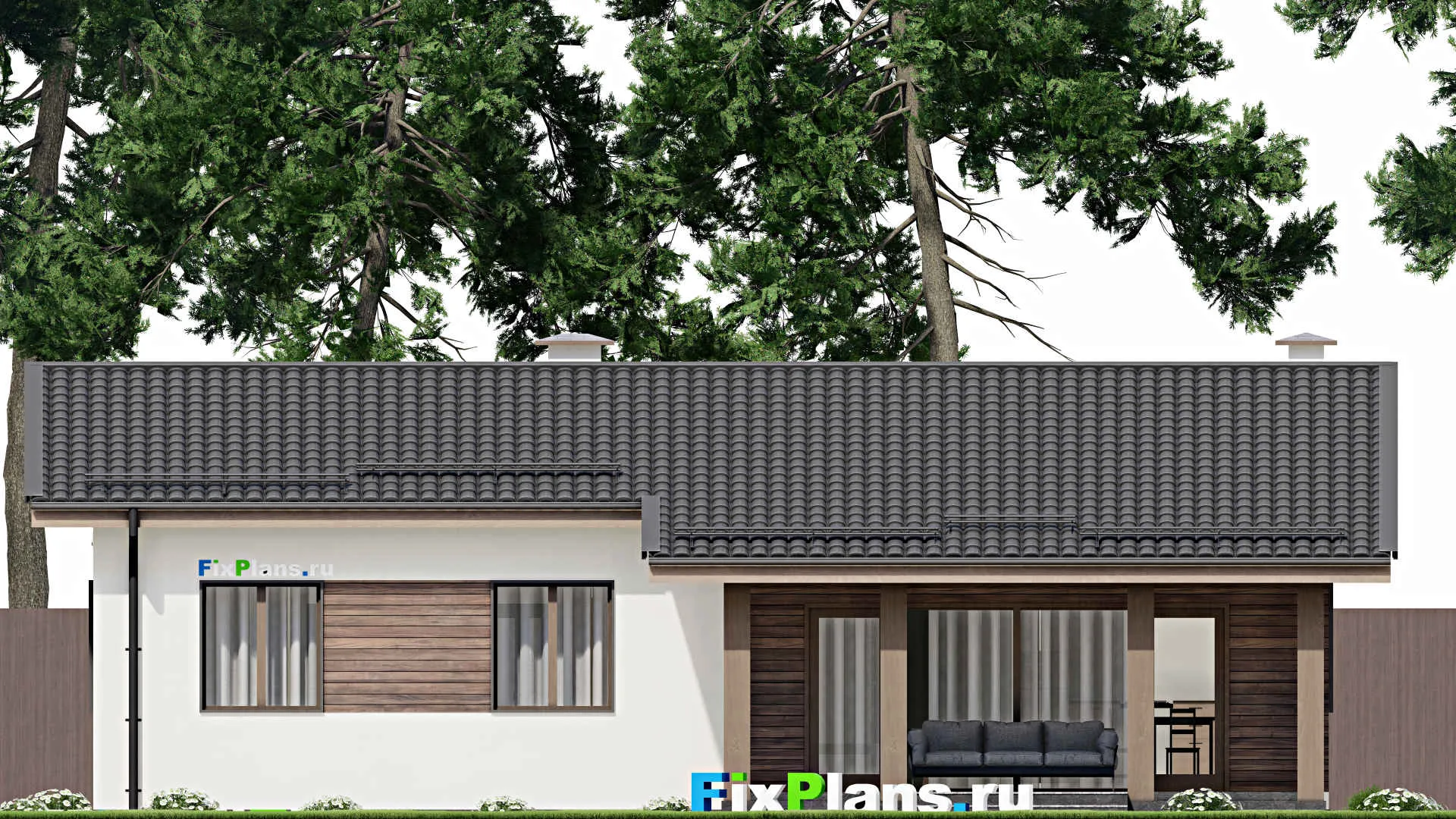 F-4544 - План одноэтажного дома 10 на 14, площадью 140 м² с террасой и 3 спальнями